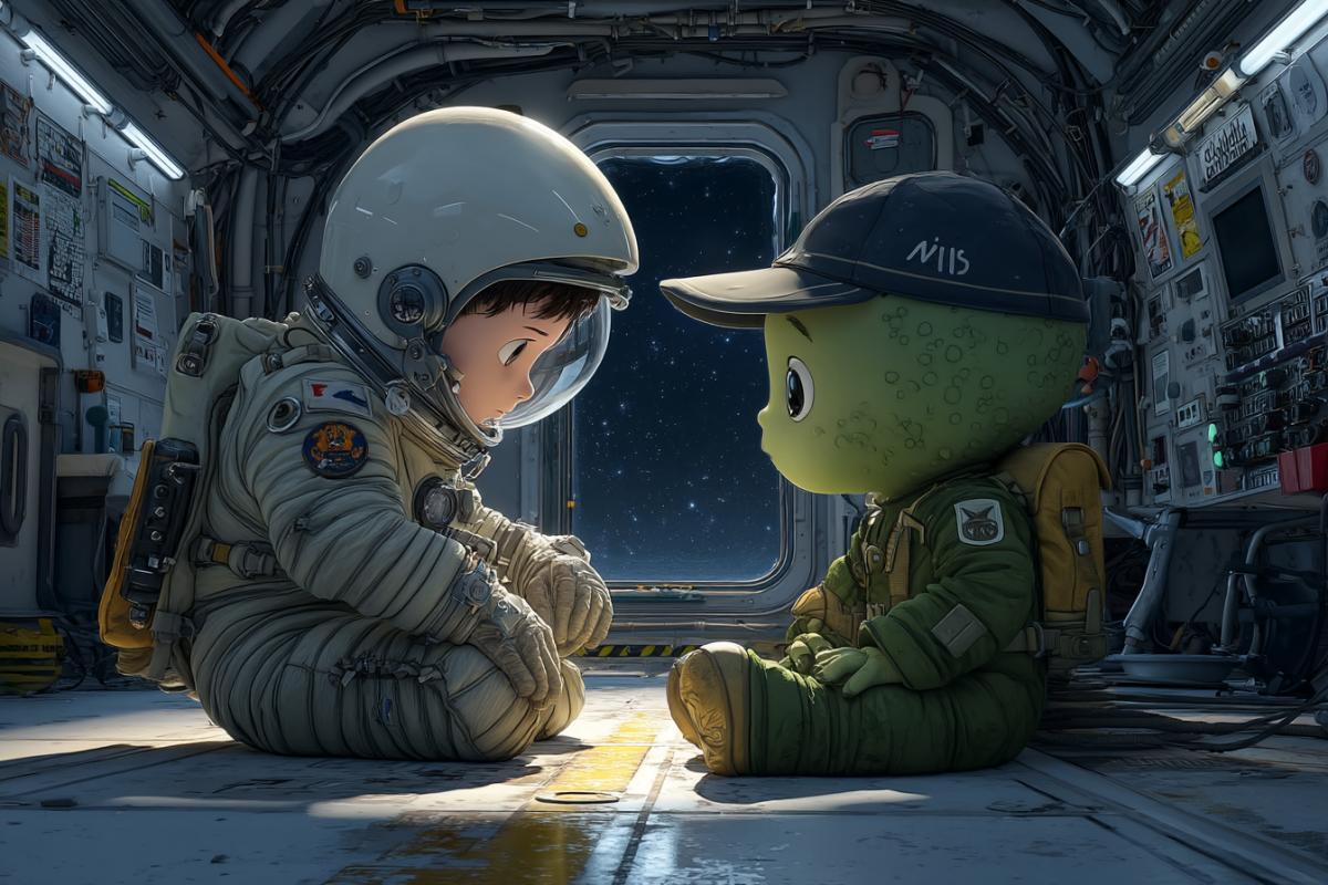 Meeting Yurii Gagarin and a green alien with dark large almondshaped eyes in space, Cosmonautics Day, Postcard