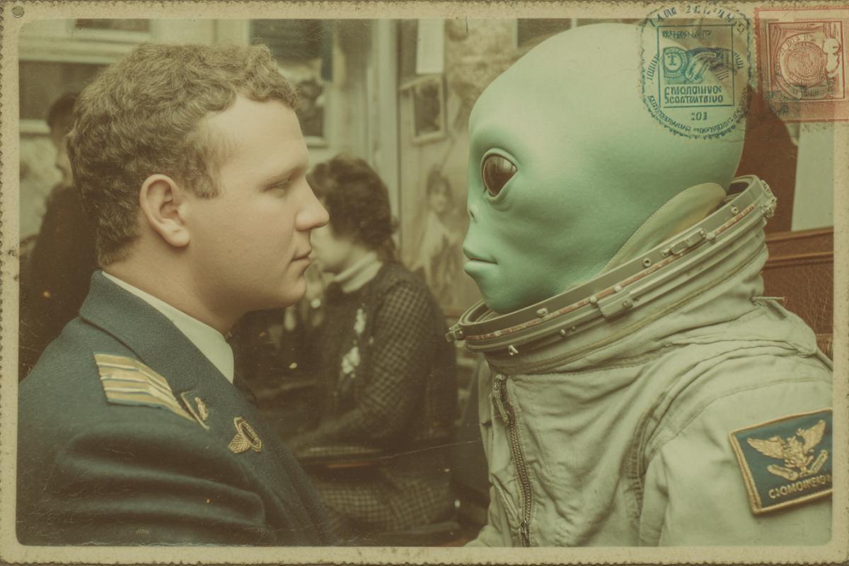 Meeting Yurii Gagarin and a green alien with dark large almondshaped eyes in space, Cosmonautics Day, Postcard