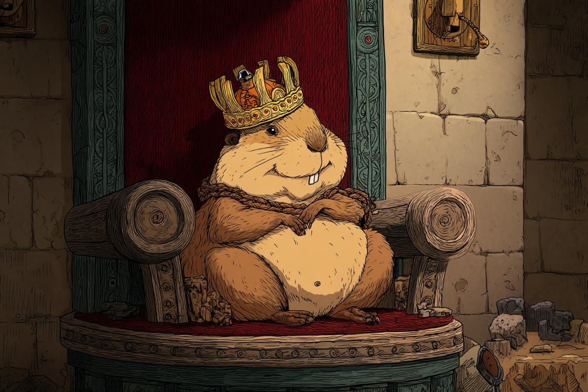 A miserable , used an amoprophobic gopher with a sliding crown on his head sits on a throne, subjects laugh at him and poke their fingers in it