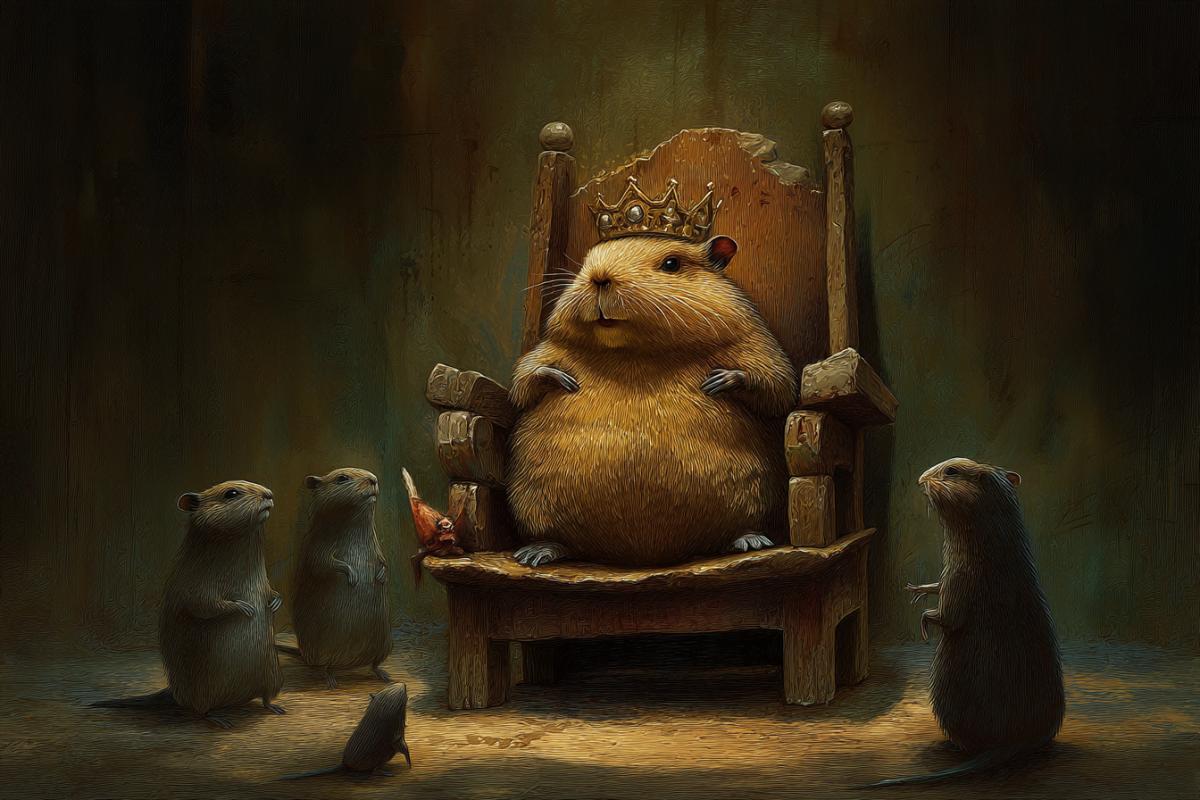 A miserable , used an amoprophobic gopher with a sliding crown on his head sits on a throne, subjects laugh at him and poke their fingers in it