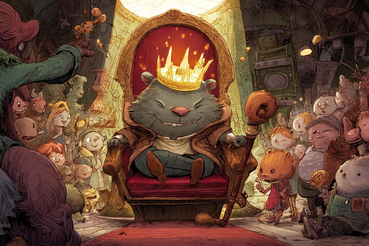 A miserable , dedicated gopher with a crawling crown on his head sits on a throne, subjects laugh at him and poke their fingers in it