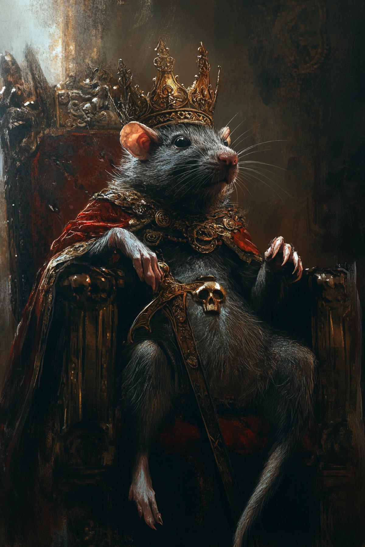 The rat king in the crown sits on the throne, the style of Tarot cards, magic, fantasy, horror