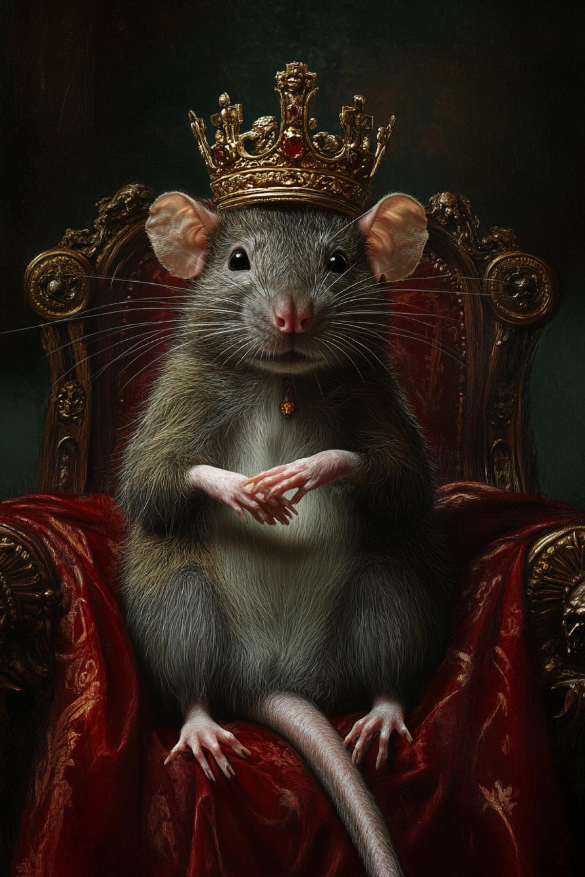 The rat king in the crown sits on the throne, the style of Tarot cards, magic, fantasy, horror