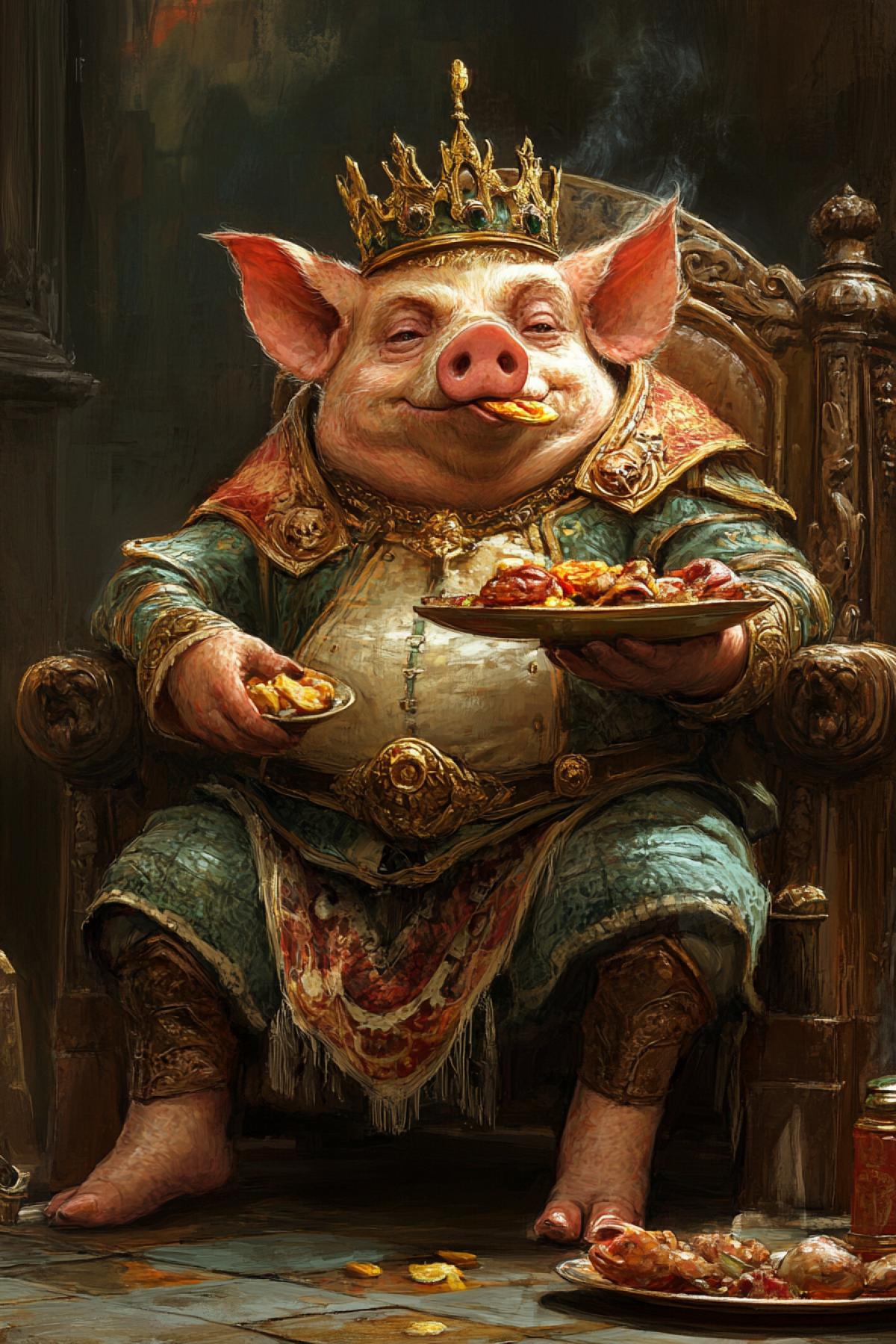 Pig Kenai King on a throne with a crown on his head, eats food from a tray