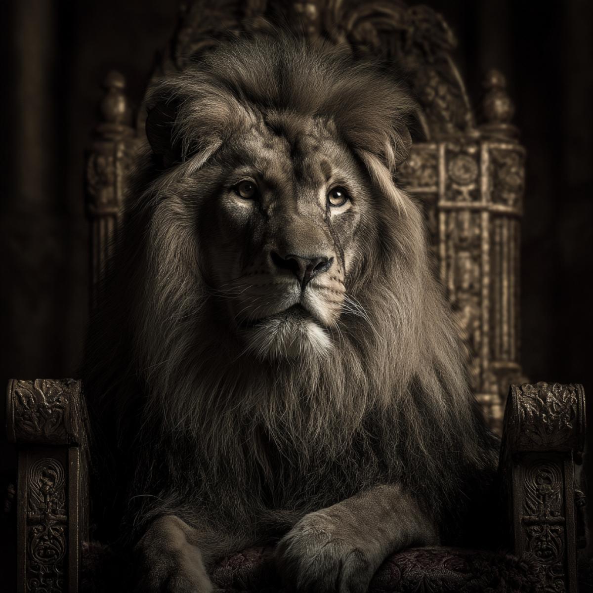 Picture a lion in the image of a ruler, a king sitting on a richly decorated throne, tower overflowing tones, a solemn atmosphere, a photo of realist schedule, high detail