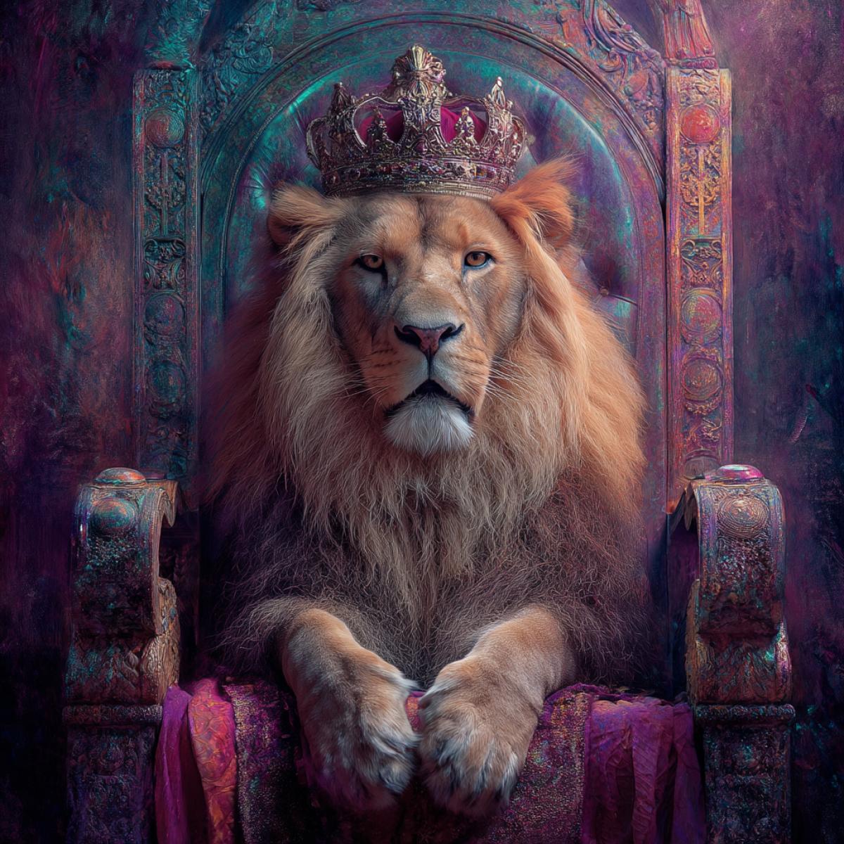 Picture a lion in the image of a ruler, king, with a crown on his head, sitting on a richly decorated throne, tix iridescent tones, solemn atmosphere, high detail