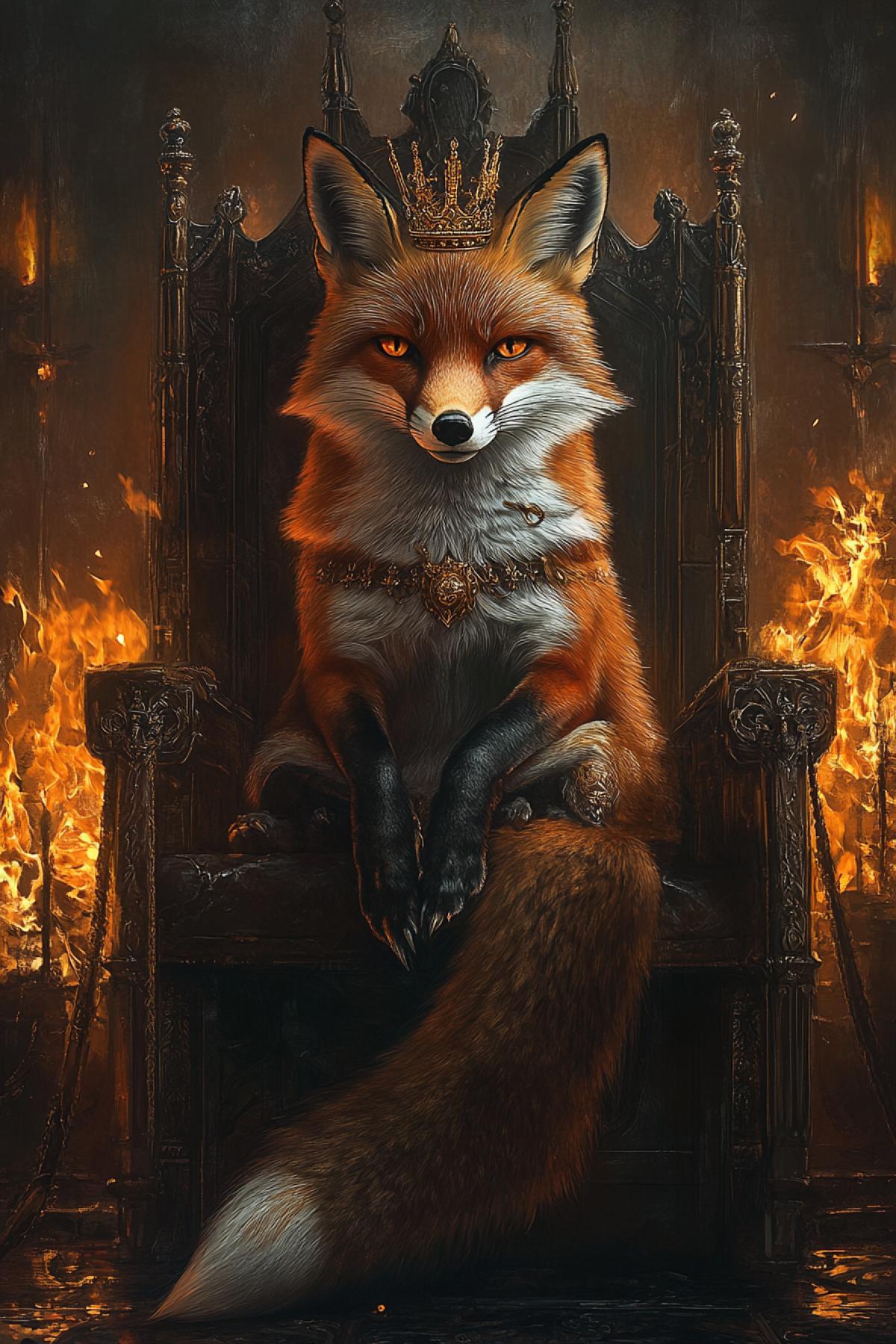 A cunning fox with a crown on the throne, against the background lights in the triumphant hall are burning