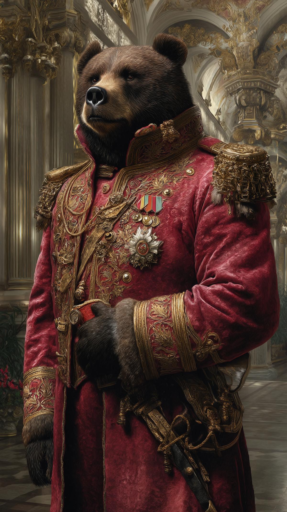 A bear tsar, strong and imposing, in the style of Tsar Nicholas II, ornate uniform, grand palace setting, photorealistic