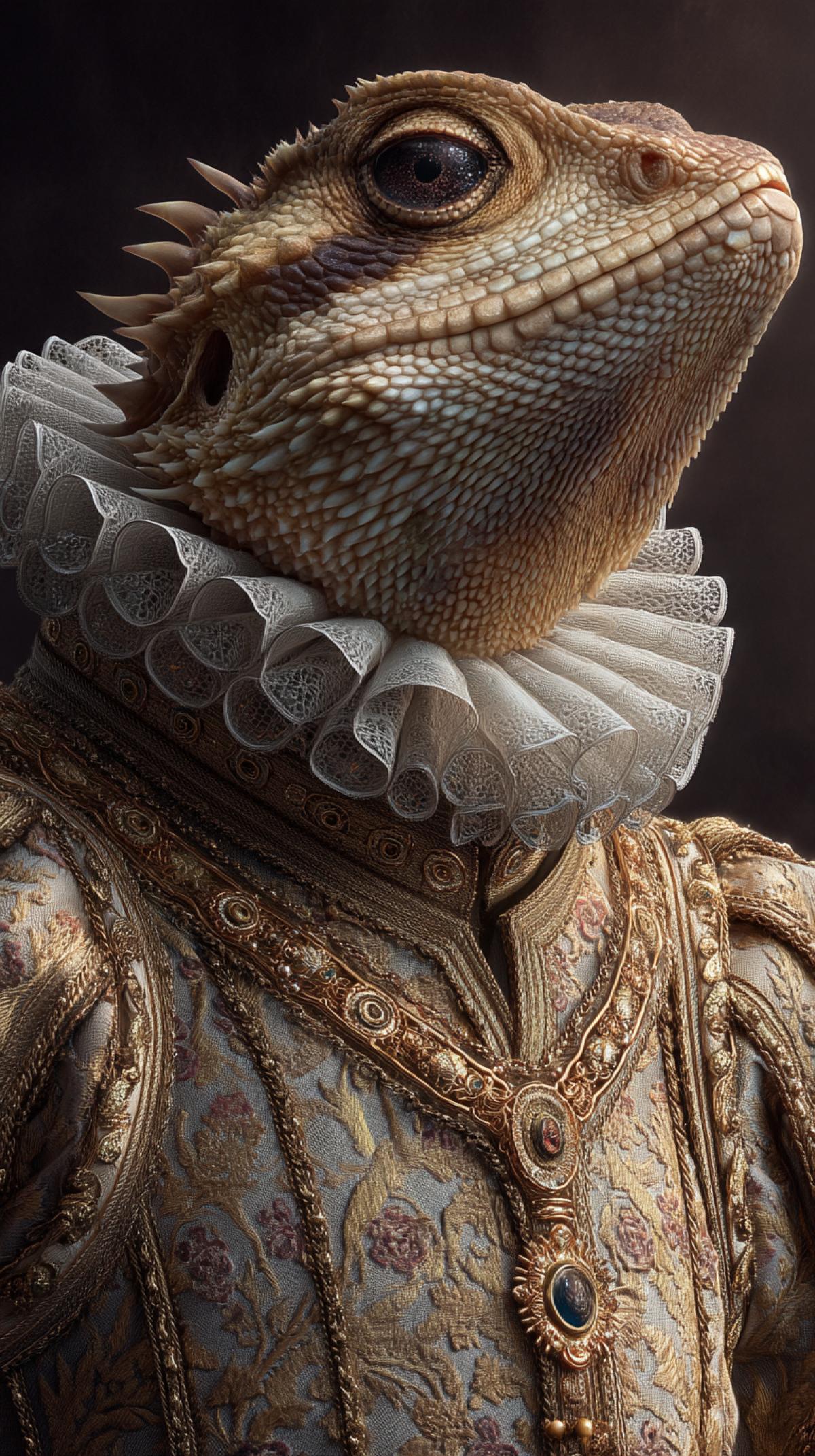A lizard king, regal and wise, in the style of King Henry VIII, majestic portrait, intricate details, 8k resolution