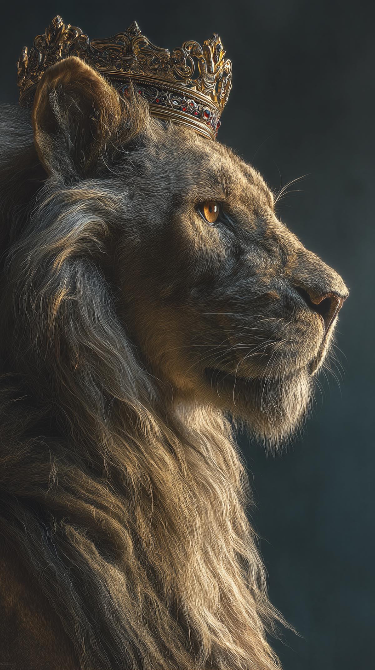 A majestic lion, crowned like King Leonidas, surveying his kingdom, hyperrealistic, cinematic lighting