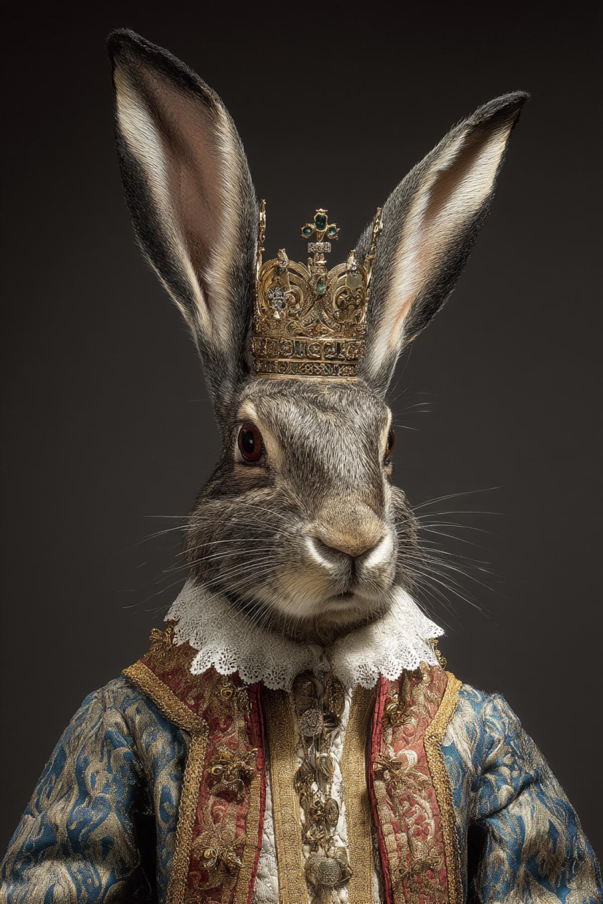 The hare in the king’s robes, the state governor. In great clothes and crown.  Among the subjects of assistants.