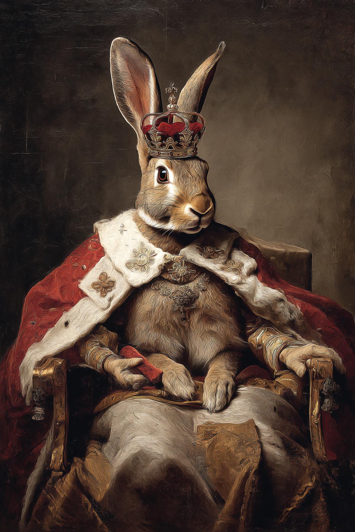 The hare in the king’s robes, the state governor. In great clothes and crown.  Among the subjects of assistants.