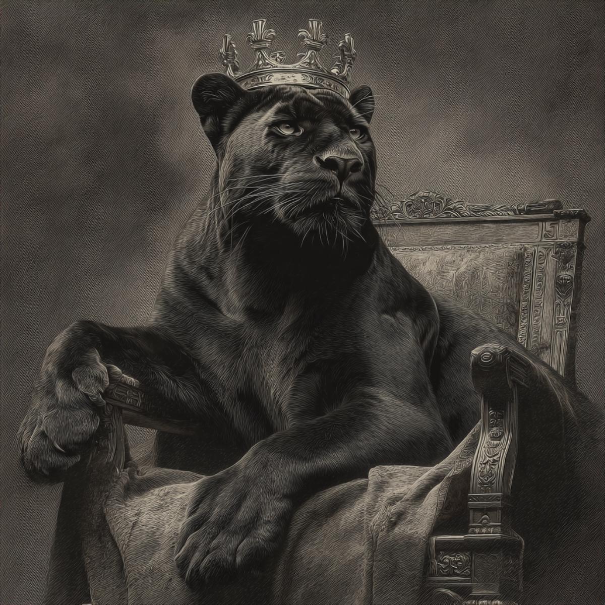 The dark panther in the image of the king, the crown on his head, sits on the throne, tumbles overflowing tones, high detail, realistic graphics
