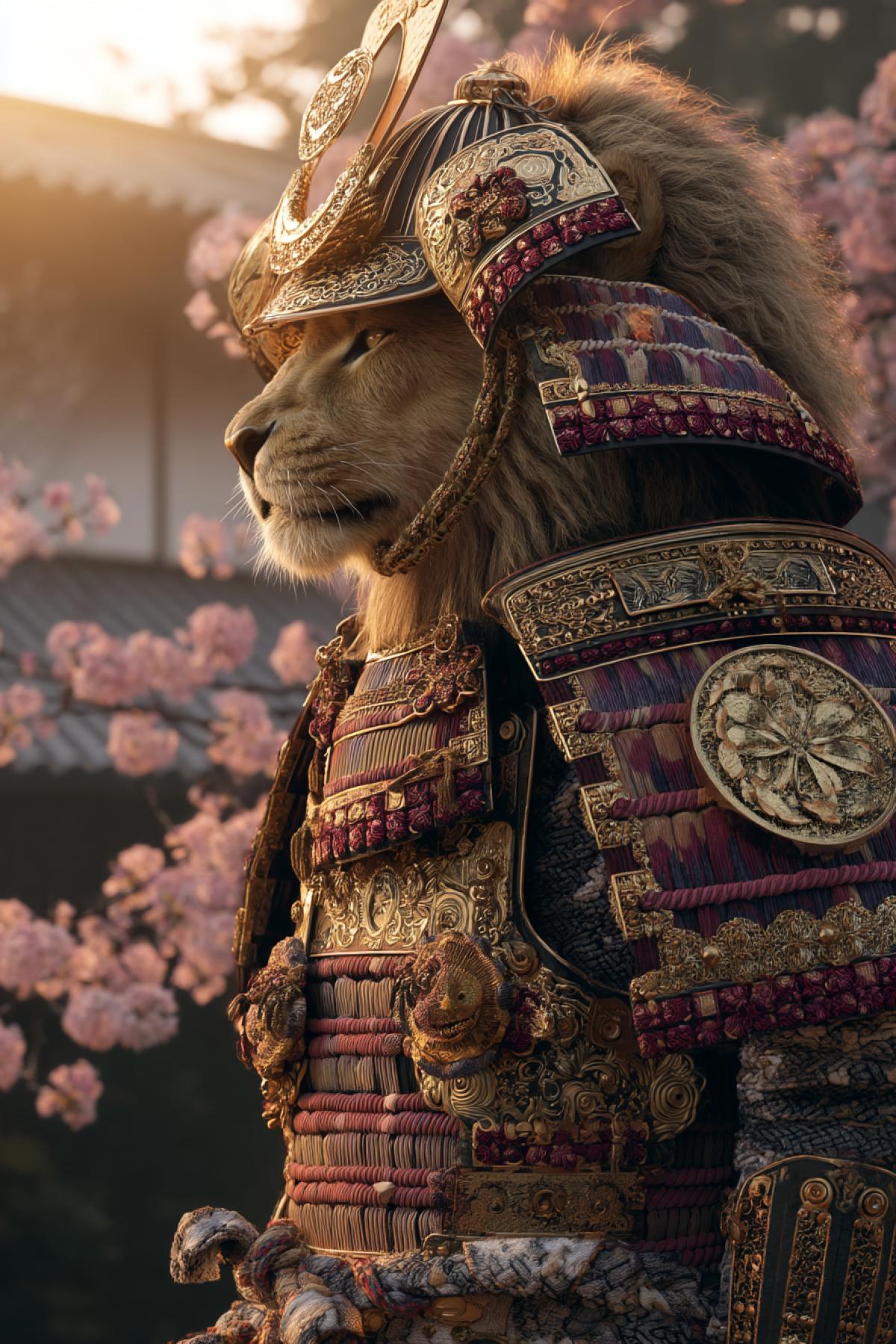 majestic lion wearing ornate Edo-period samurai armor, standing in a Japanese palace garden during cherry blossom season, golden sunlight, intense gaze, detailed kabuto helmet, regal and powerful posture