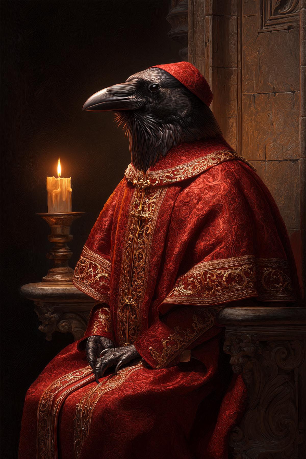 intelligent raven dressed as a Renaissance cardinal, deep crimson robes with gold embroidery, sitting on a velvet throne in a candlelit stone chamber, baroque atmosphere, oil painting style, chiaroscuro lighting, detailed textures