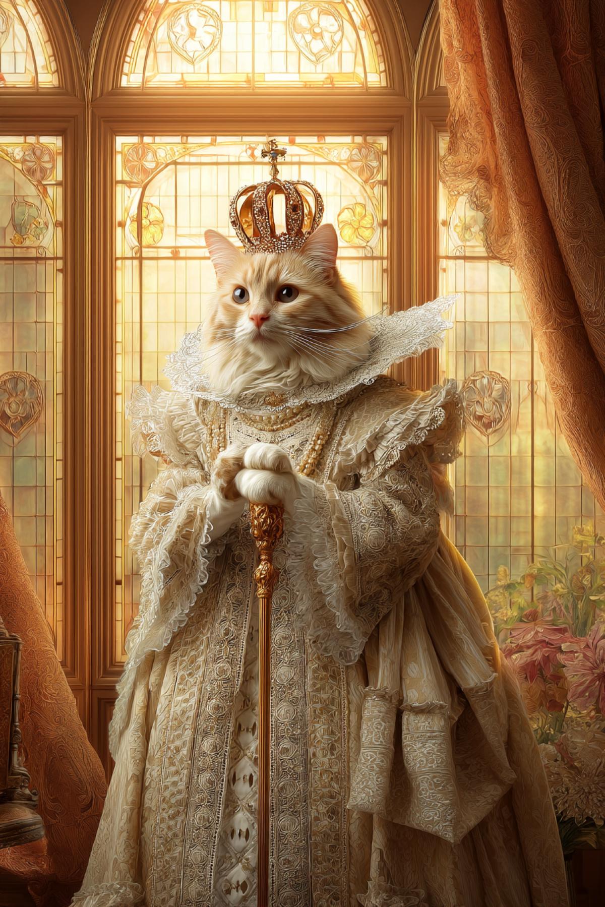elegant cat as Victorian queen, intricate lace dress, royal scepter, luxurious crown, posing in a lavish drawing room with velvet drapes and stained glass windows, soft golden lighting, painterly detail