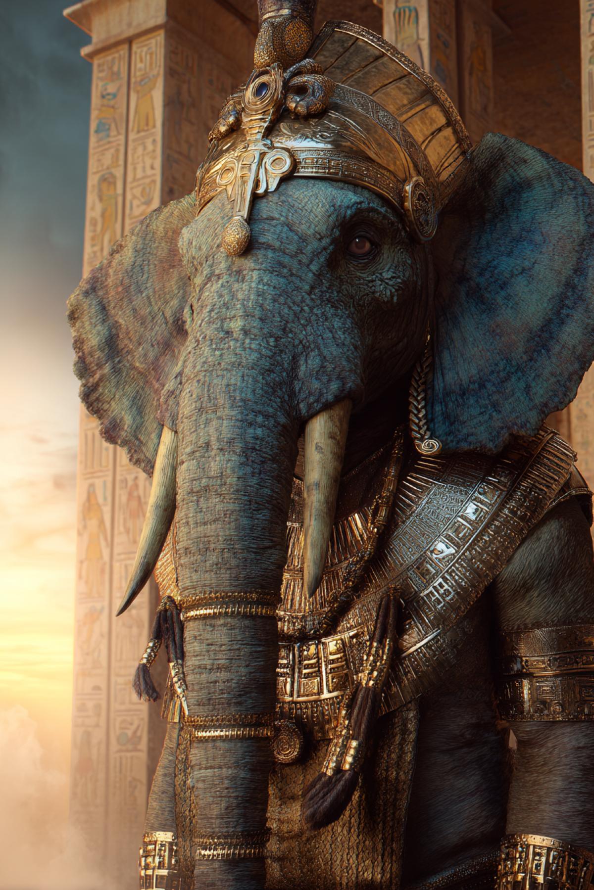 royal elephant wearing ancient Egyptian pharaoh regalia, golden headdress, beautiful jewelry, standing in front of a grand temple with hieroglyphs, twilight desert sky, mystical aura, cinematic realism