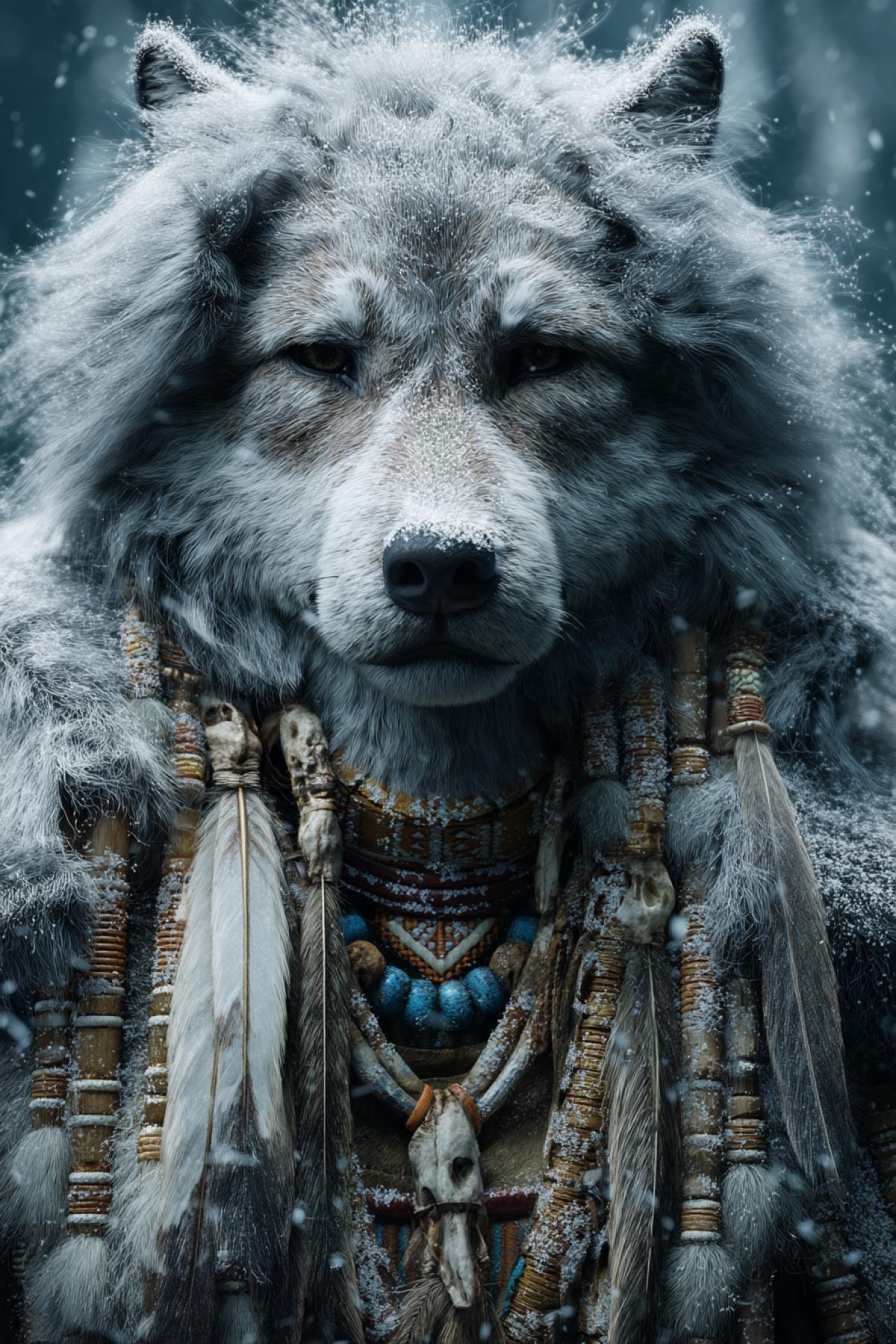 ferocious wolf in traditional chieftain attire of Arctic tribes, furs, carved bone jewelry, surrounded by snow and northern lights, ancient wisdom in eyes, epic 4k, windswept fur, cinematic fantasy style
