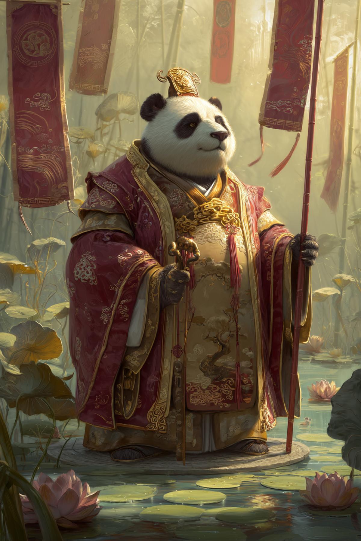 majestic panda dressed in imperial Chinese robes of the Tang dynasty, surrounded by silk banners, lotus ponds and bonsai trees, golden hour light, calm and dignified expression, high-detail illustration style