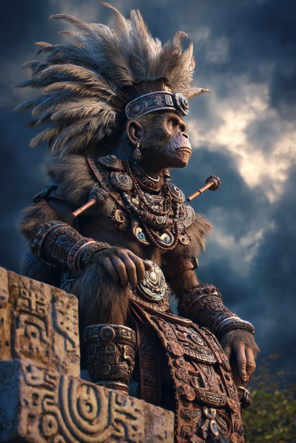 wise monkey adorned in intricate Aztec emperor attire, feathered headdress, obsidian jewelry, standing atop a temple pyramid under dramatic stormy skies, jungle backdrop, mystical symbols glowing, ancient power vibes