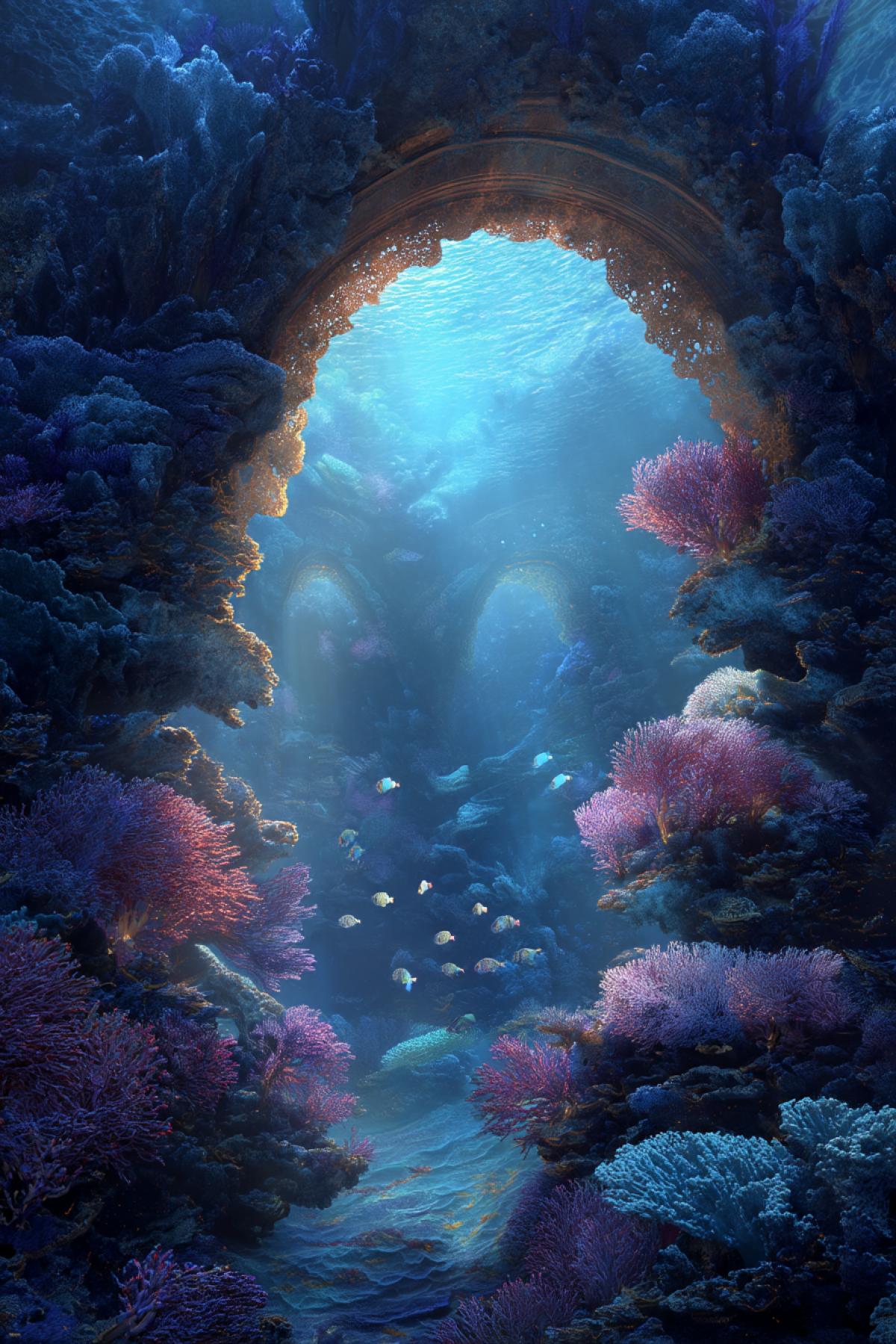 fantastical glowing coral archway deep under the sea, bioluminescent colors, exotic fish swimming through, sunbeams filtering from the surface, magical underwater ambiance, ultra-detailed and dreamlike