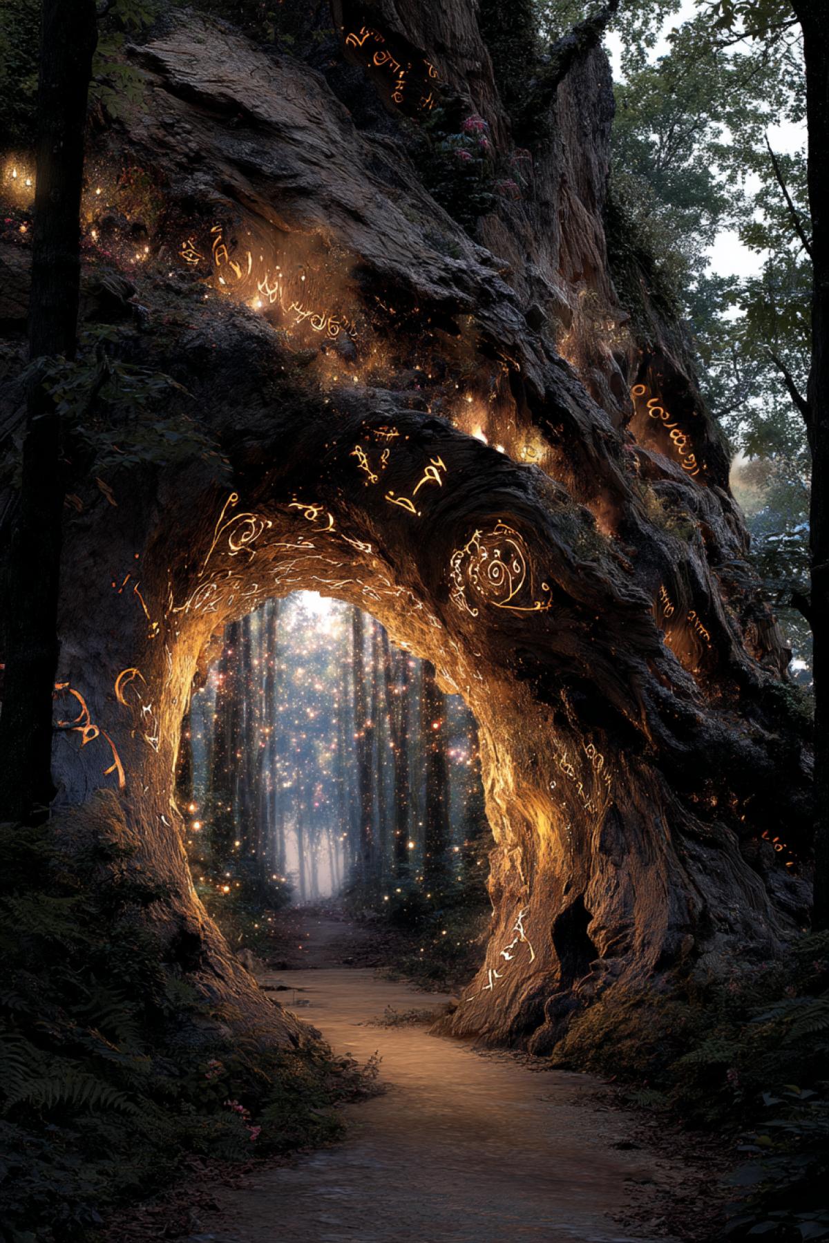 ancient tree forming a natural arch with swirling bark patterns and glowing runes, seasons shifting within its frame (spring to winter), forest path beyond, mythical and symbolic, fantasy realism