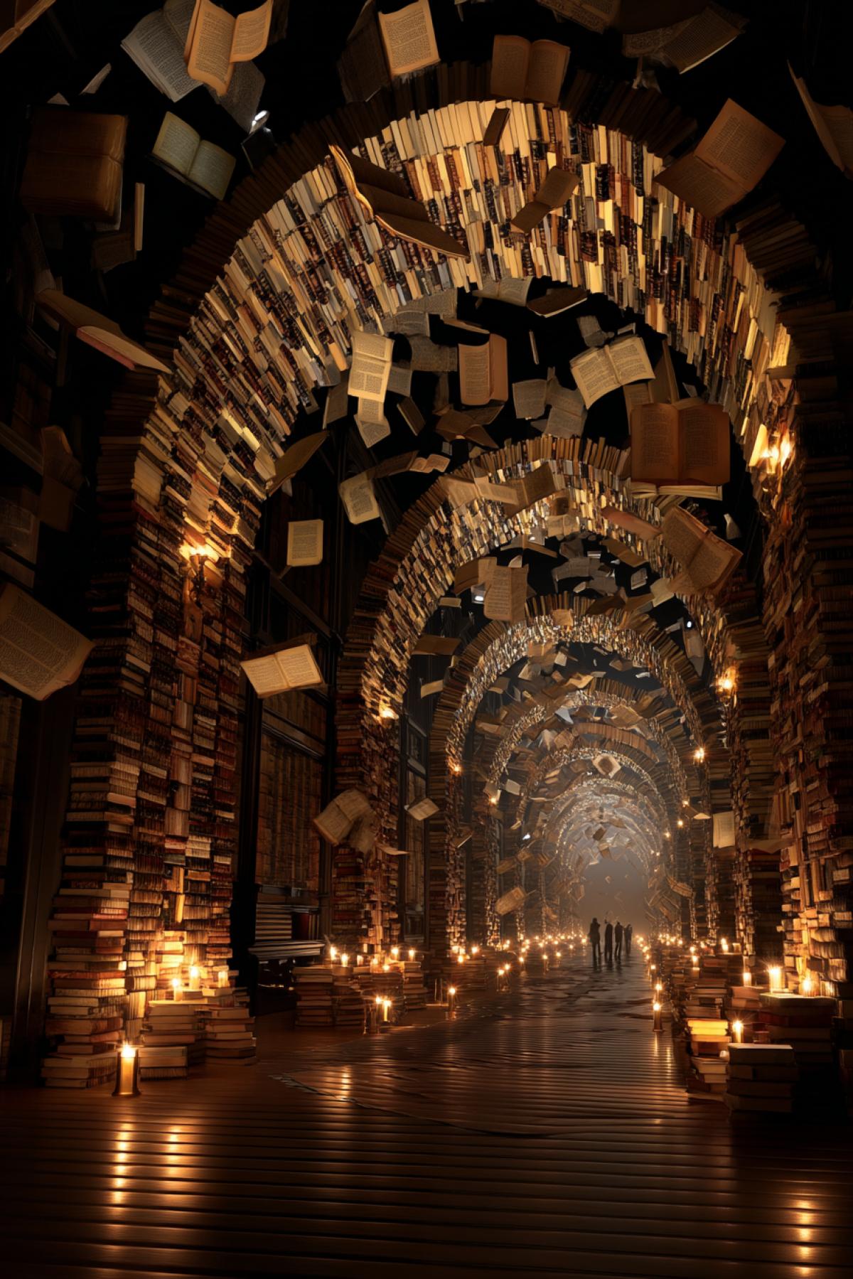 surreal archway made of levitating antique books, glowing letters floating around, endless library halls in the background, warm candlelight, magical realism, cinematic and mysterious