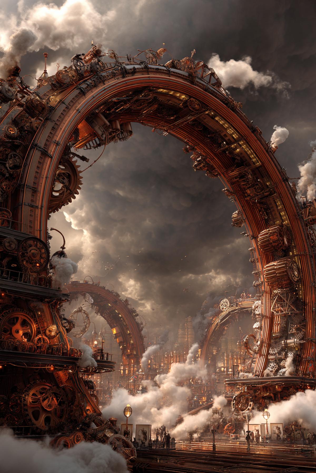 massive steampunk arch made of bronze gears, copper pipes and rotating mechanisms, steam clouds rising, retro-futuristic city beyond, dramatic lighting, industrial fantasy setting