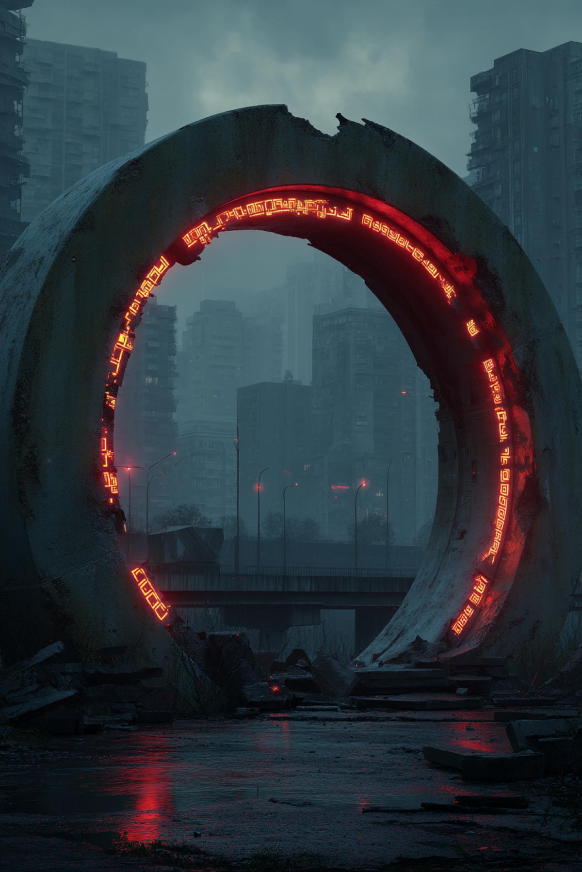 dystopian archway made of rusted steel and broken concrete, glowing digital symbols pulsing along the edges, abandoned megacity in the background, moody sky, cinematic atmosphere