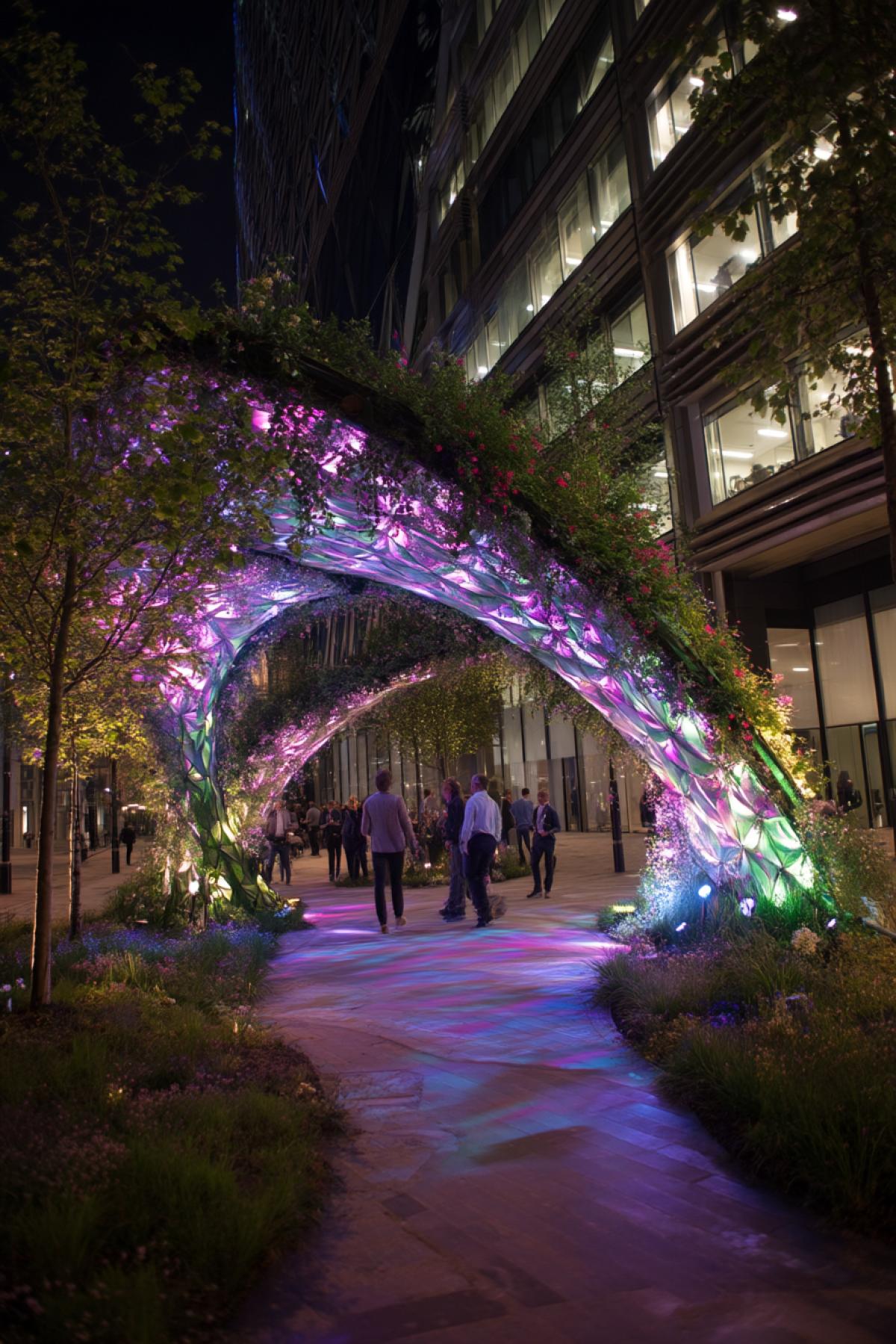 eco-arch grown from intelligent vines and bioengineered flowers, set in a futuristic urban garden, neon reflections, night scene, people walking beneath, blend of nature and technology