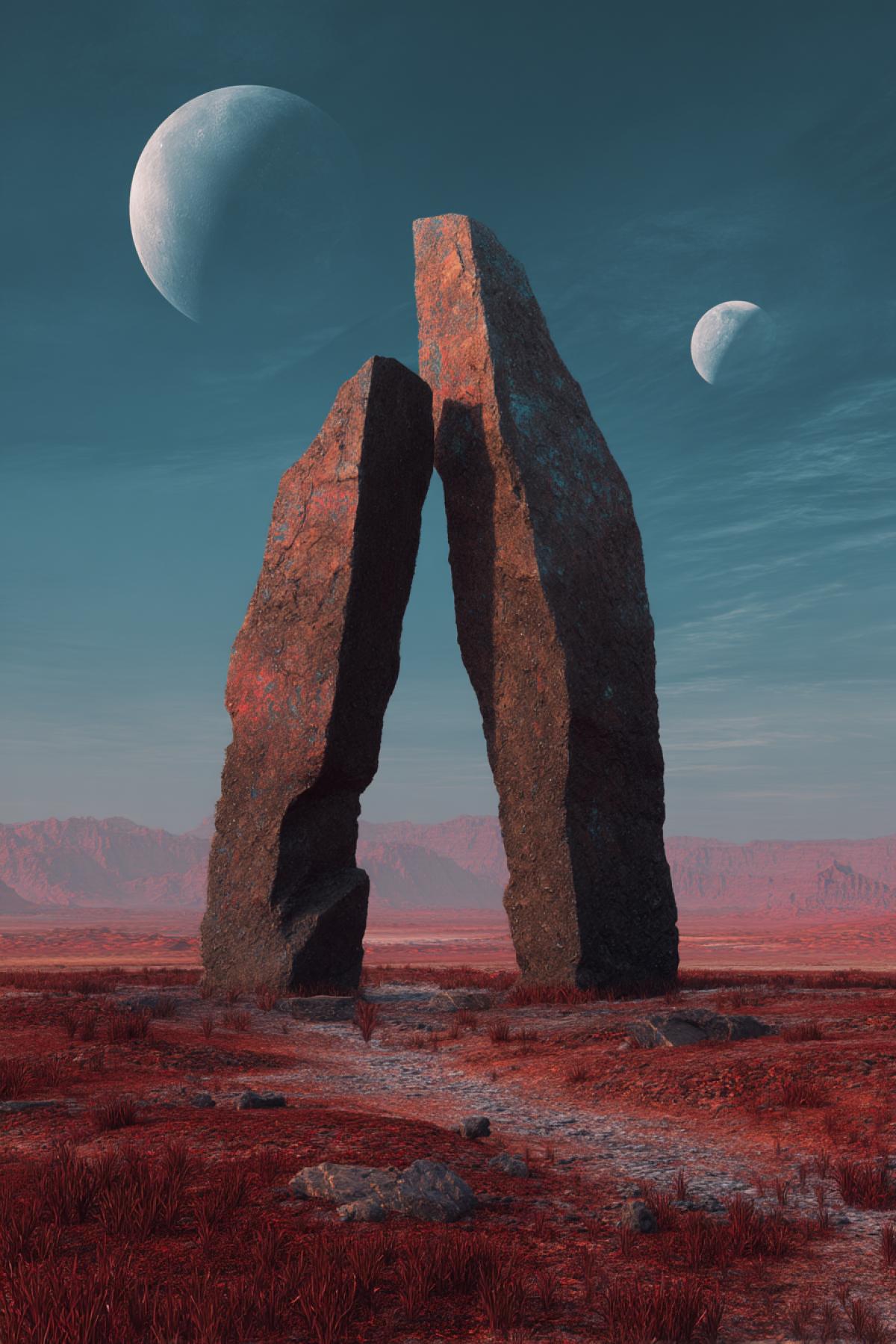 alien arch made of floating monoliths defying gravity, strange energy flows between stones, desolate red terrain, double moons in the sky, sci-fi atmosphere, hyper-realistic