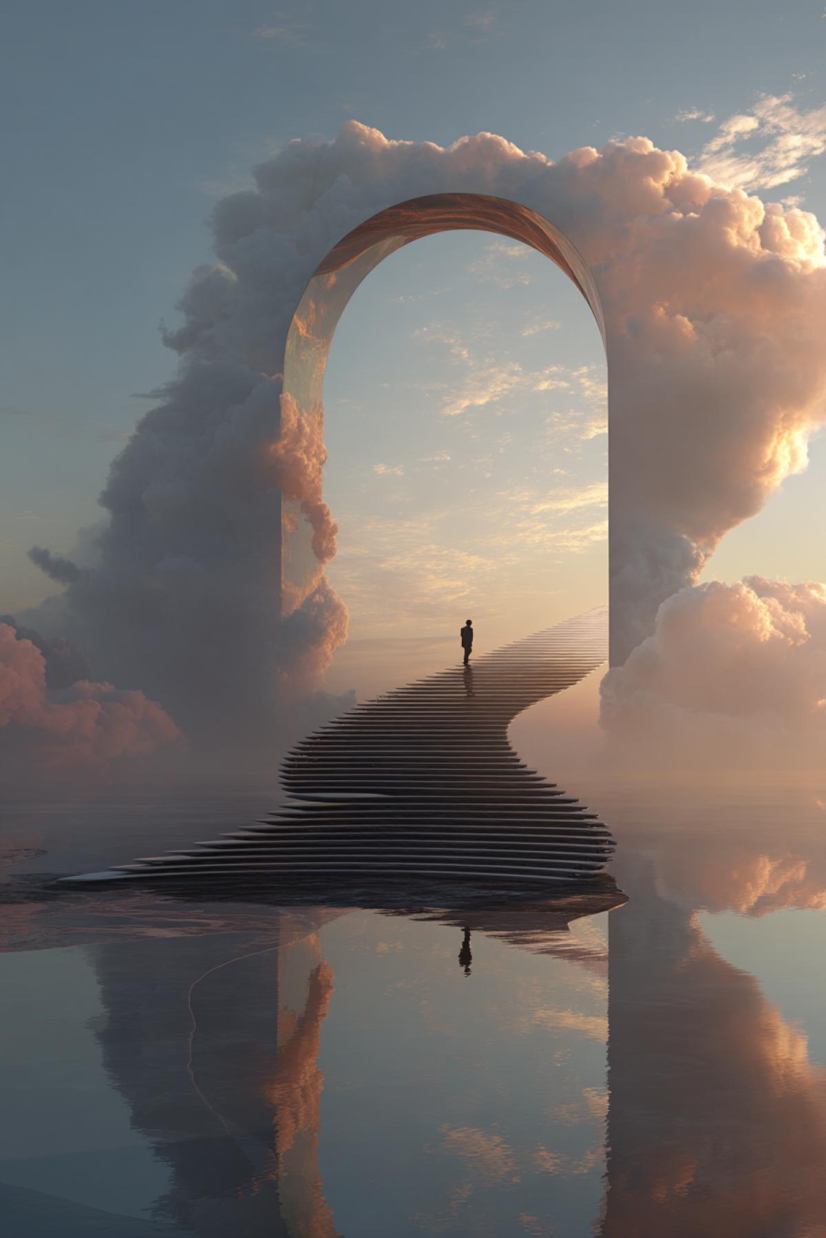 dreamlike surreal arch floating in a void, made of glass and clouds, staircase spiraling upward through it into a glowing sky, mysterious and symbolic, soft pastel tones, like a painting by Dali