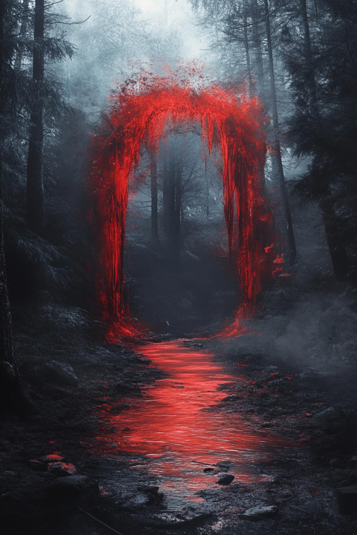 red liquid arch in a dark forest