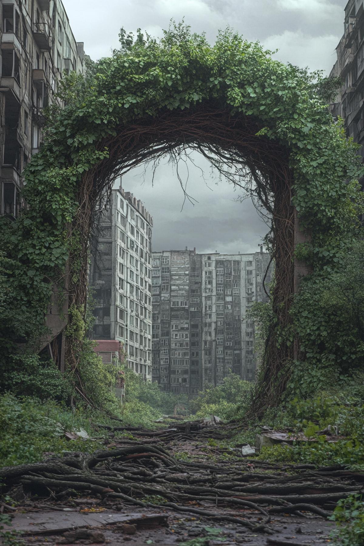 The arch of the Soviet house overgrown with greens with roots and other natural after the apocalypse
