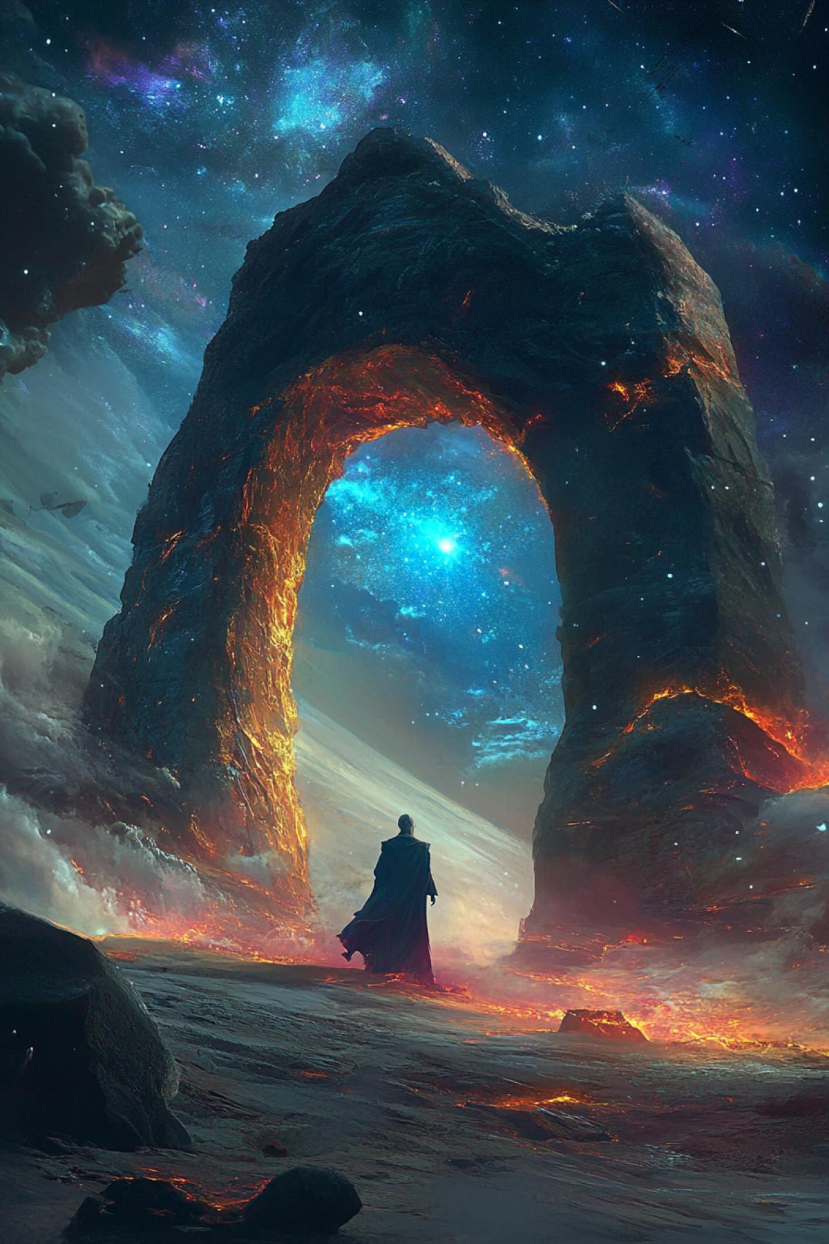 The magician stands at the arch, an arch of magma plasma in space, a portal to another world, magic of the magic of prana stampank of a star