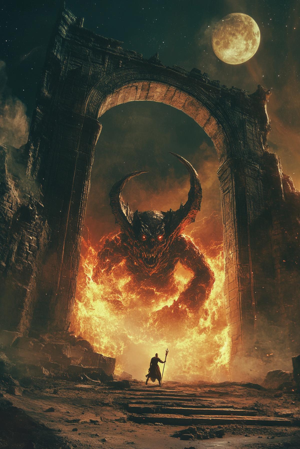 The demon breaks out of the arch to hell made of plasma magma, space, ruins