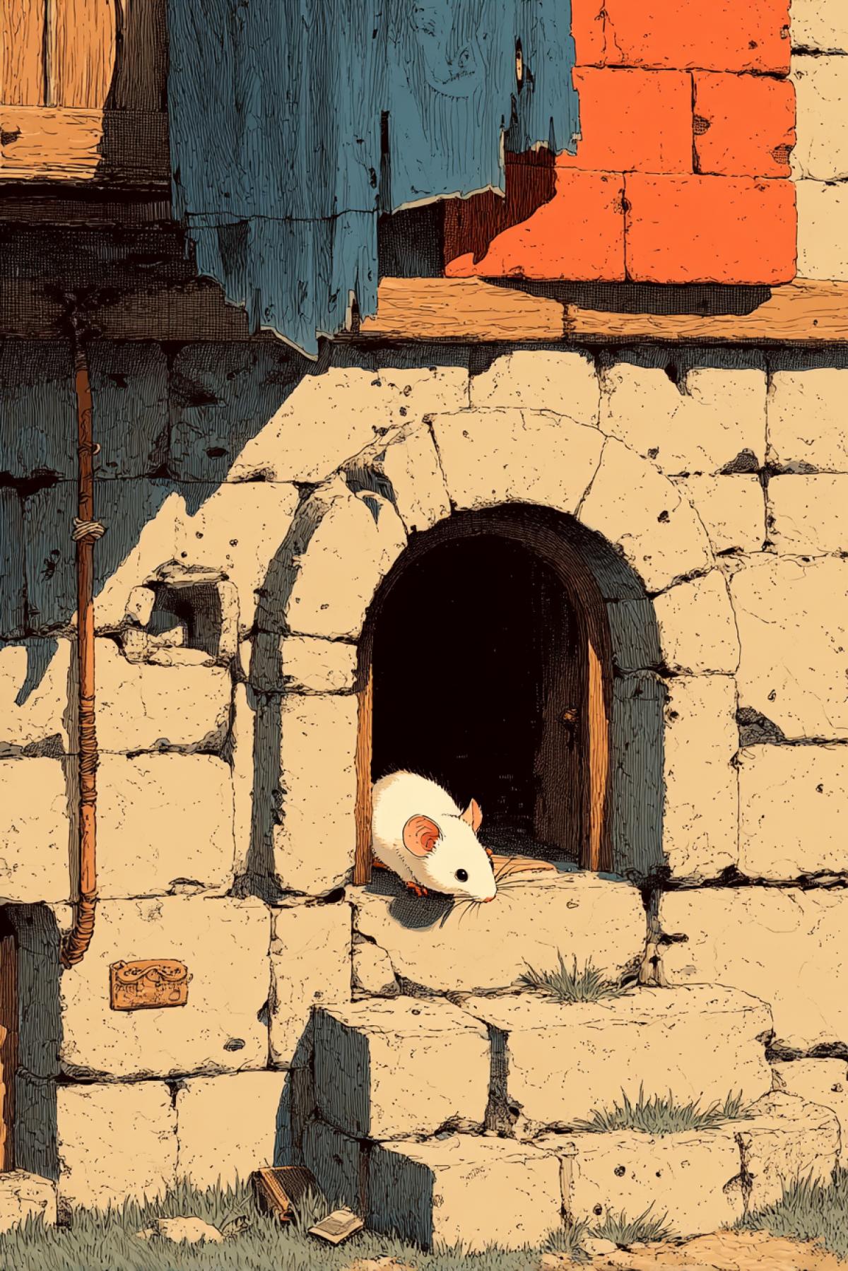 A cute mouse peeks out of its arch-shaped burrow in the wall.