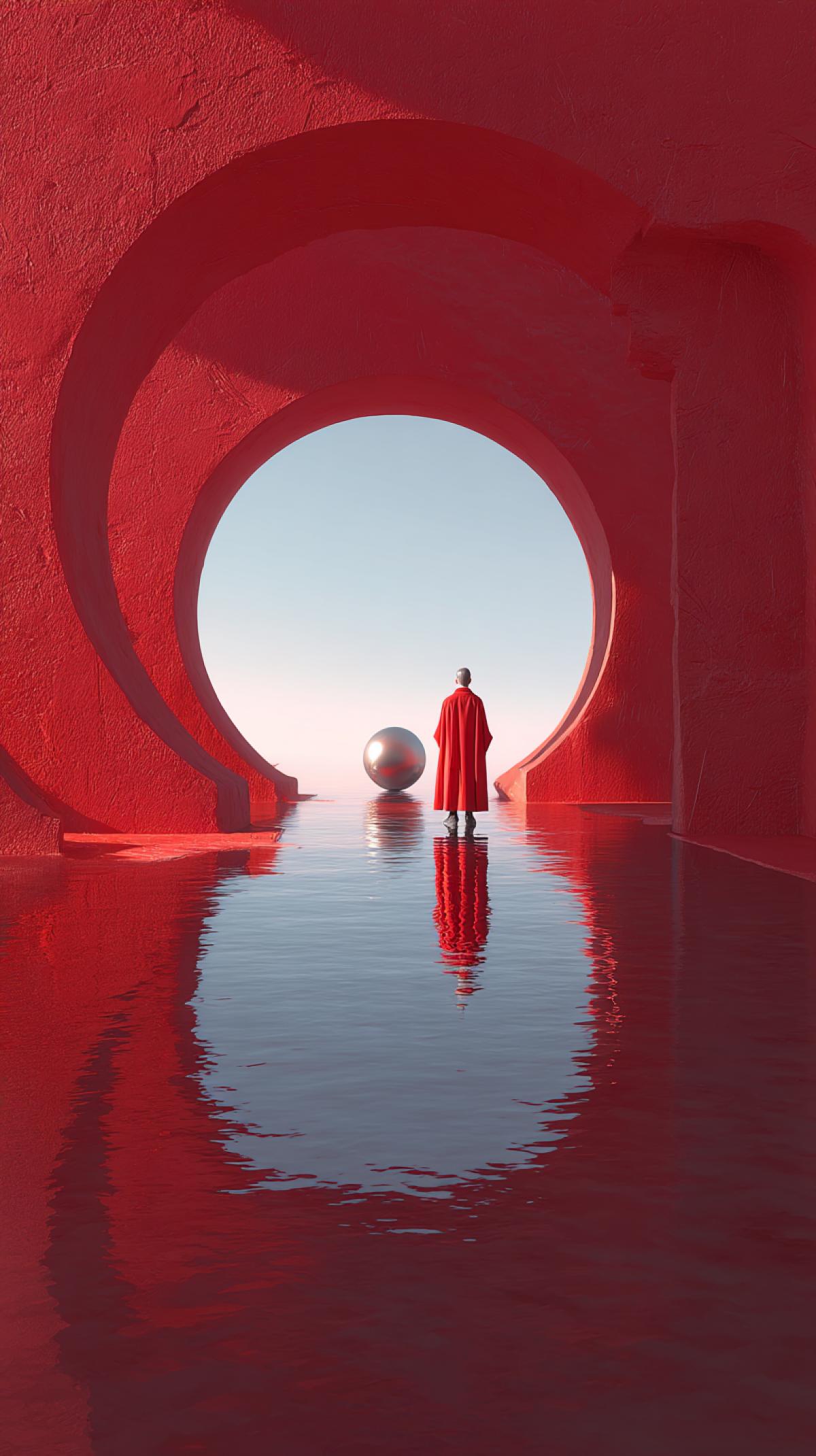 A man in a long scarlet cloak stands in the center of the arch, looking at blue water and red land. There is also a metal ball in the middle. The background is red glossy walls with rounded edges, creating a surreal atmosphere. This scene was created using C4D OC rendering. This creates a dreamy effect with a minimalist and futuristic style. In the high definition of the color of the sky, sea level, indigo color and other elements create a feeling of calm.