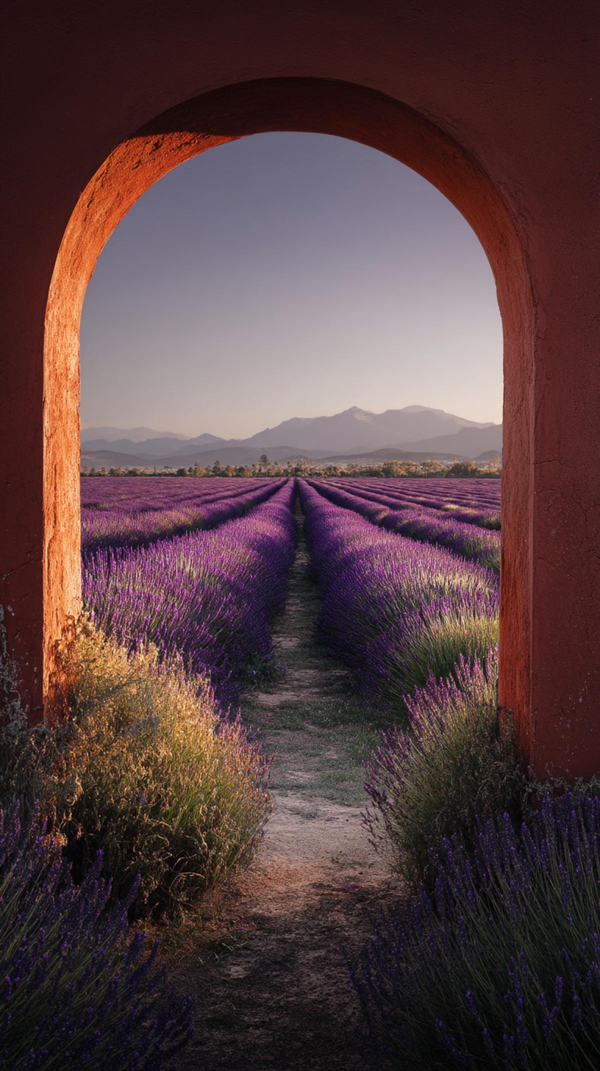 Heres option 2, translated into English:. . > A mirrored arch overlooking a lavender field. Photoshop. Magazine cover. Professional photoshoot. Photo taken with a Canon EOS R5 using a Canon EF 24-70mm f/2.8L USM II lens at 24mm, f/2.8, ISO 100, 1/250 sec shutter speed. Golden hour.