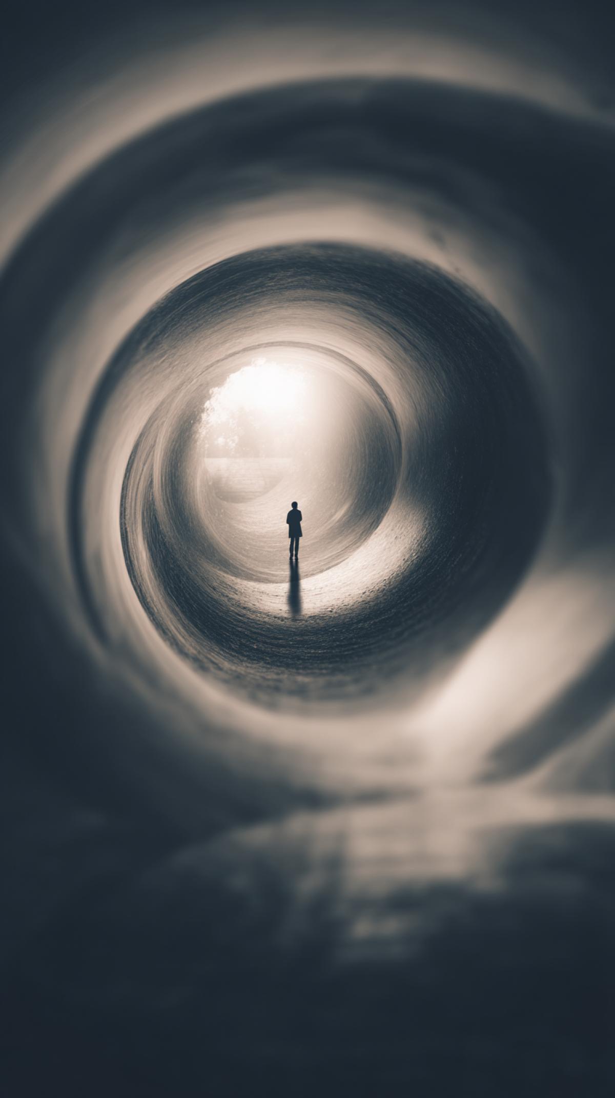 A tiny person standing in the center of an endless spiral-portal, dreamy, surrealist, etheric, in the style of vintage photography, with sapia tones, the effect of blurred movement, soft lighting, blurry edges and a calm, mysterious atmosphere. Photo of the portal