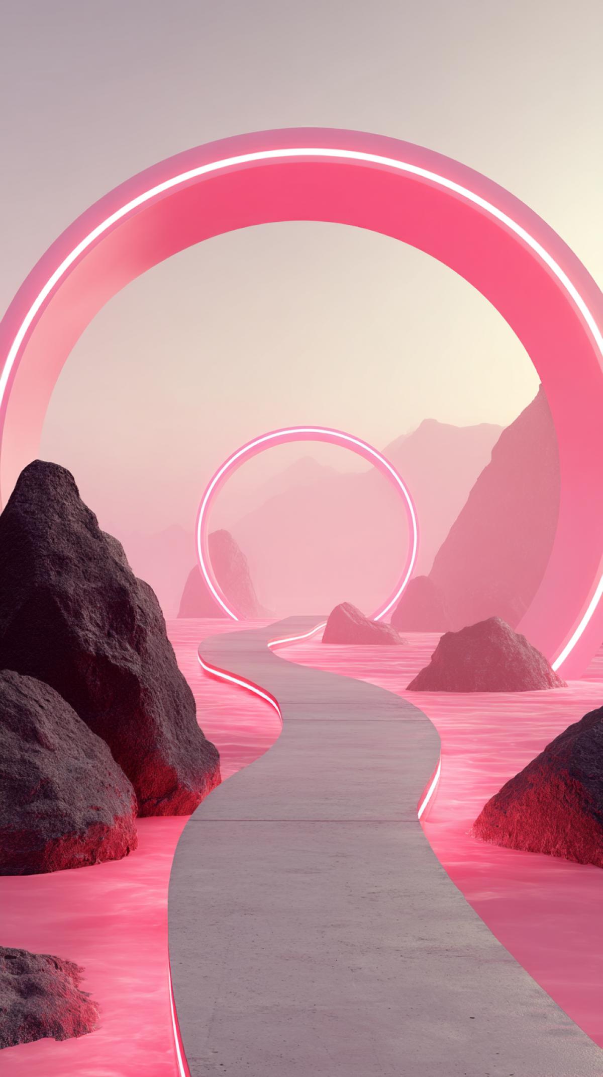 A surreal landscape with. glowing pink portals in the form of arches and a futuristic. path.. The picture shows a surreal landscape with two large. glowing neon pink arches resembling portals. against a hazy pink sky. A concrete path. illuminated by a pink glow leads to portals. disappearing in the distance. The scene. is interspersed with two rocky formations, giving. it an otherworldly, futuristic aesthetic.