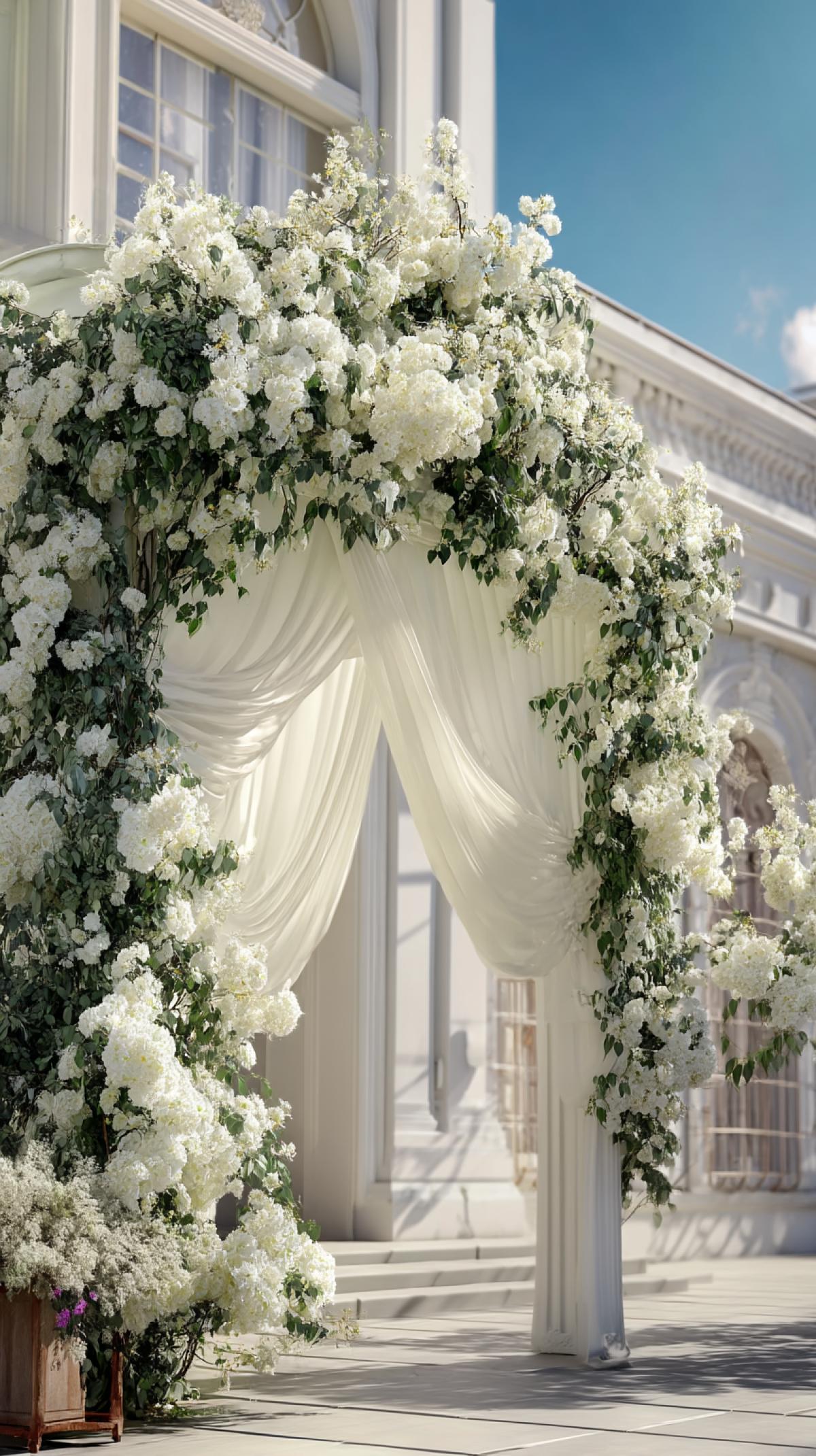 Wedding arch, decorated with white flowers. Against the background of the White Palace. Photoshop, high detail.