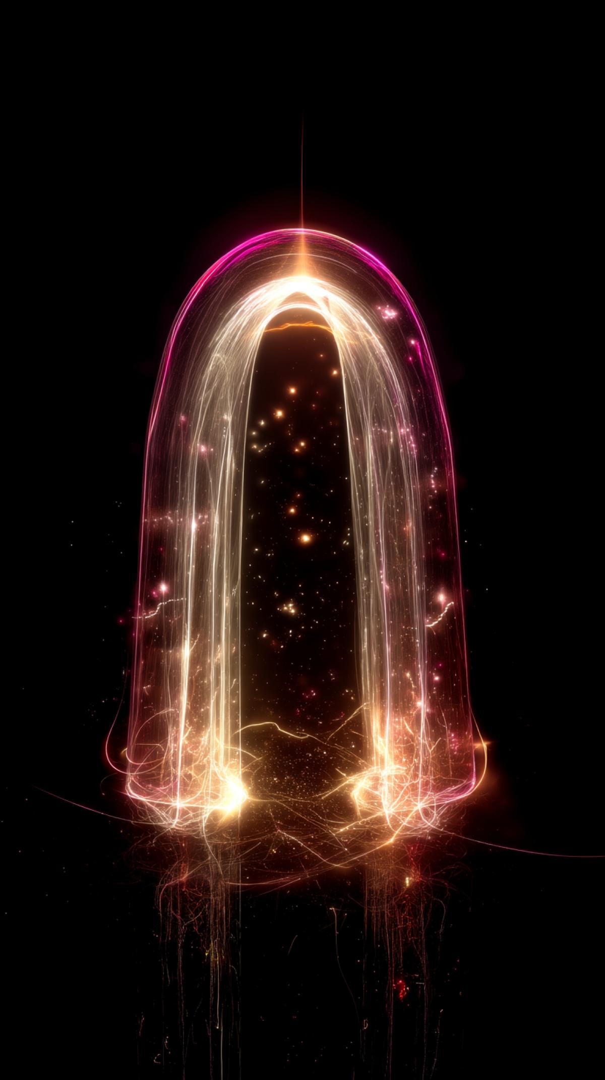 Abstract plasma arch, sparkling and pulsating, a symbol of transition between dimensions.