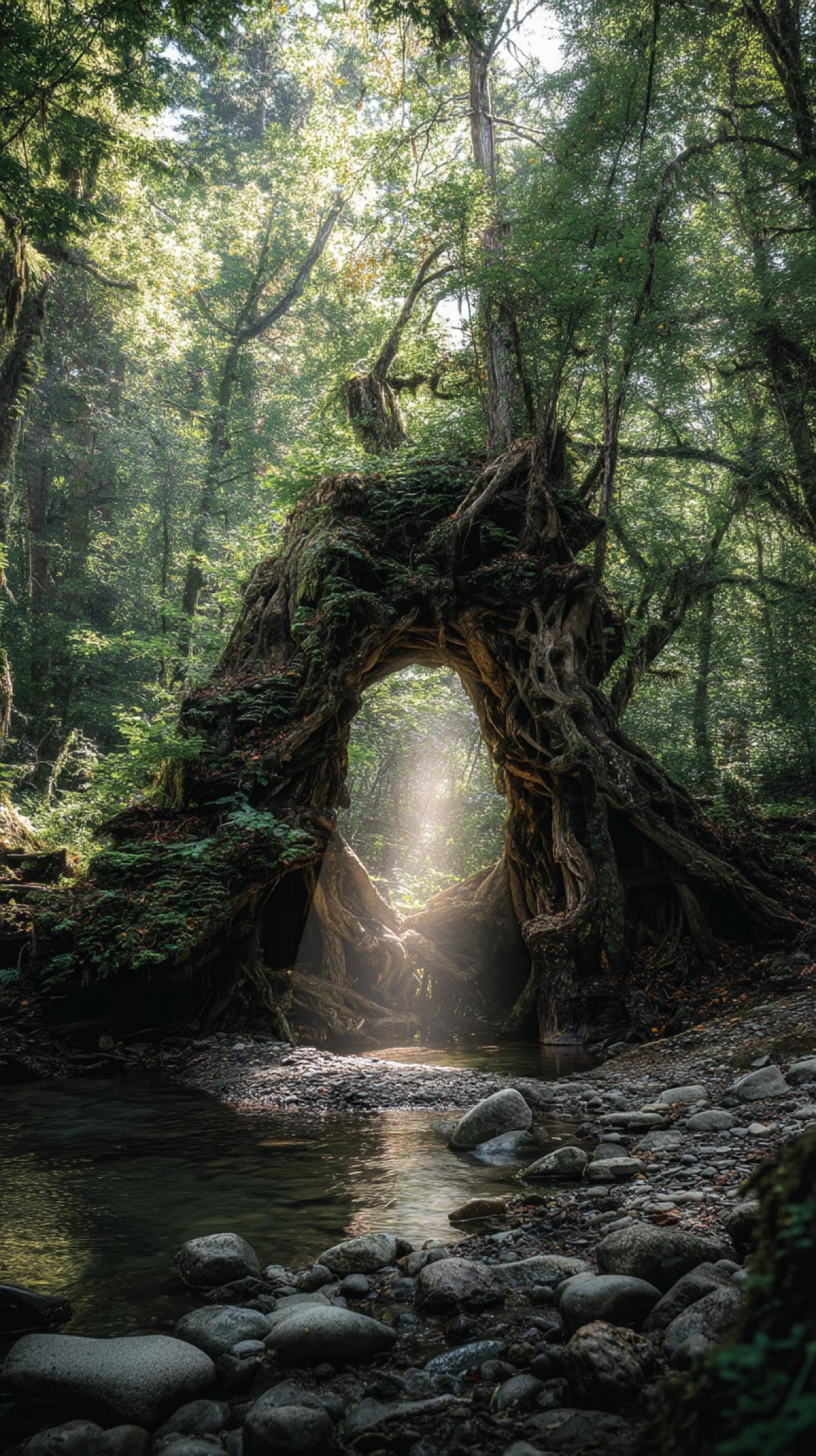 Natural arch made of the roots of an ancient tree, letting sunlight through, surrounded by a magical forest.