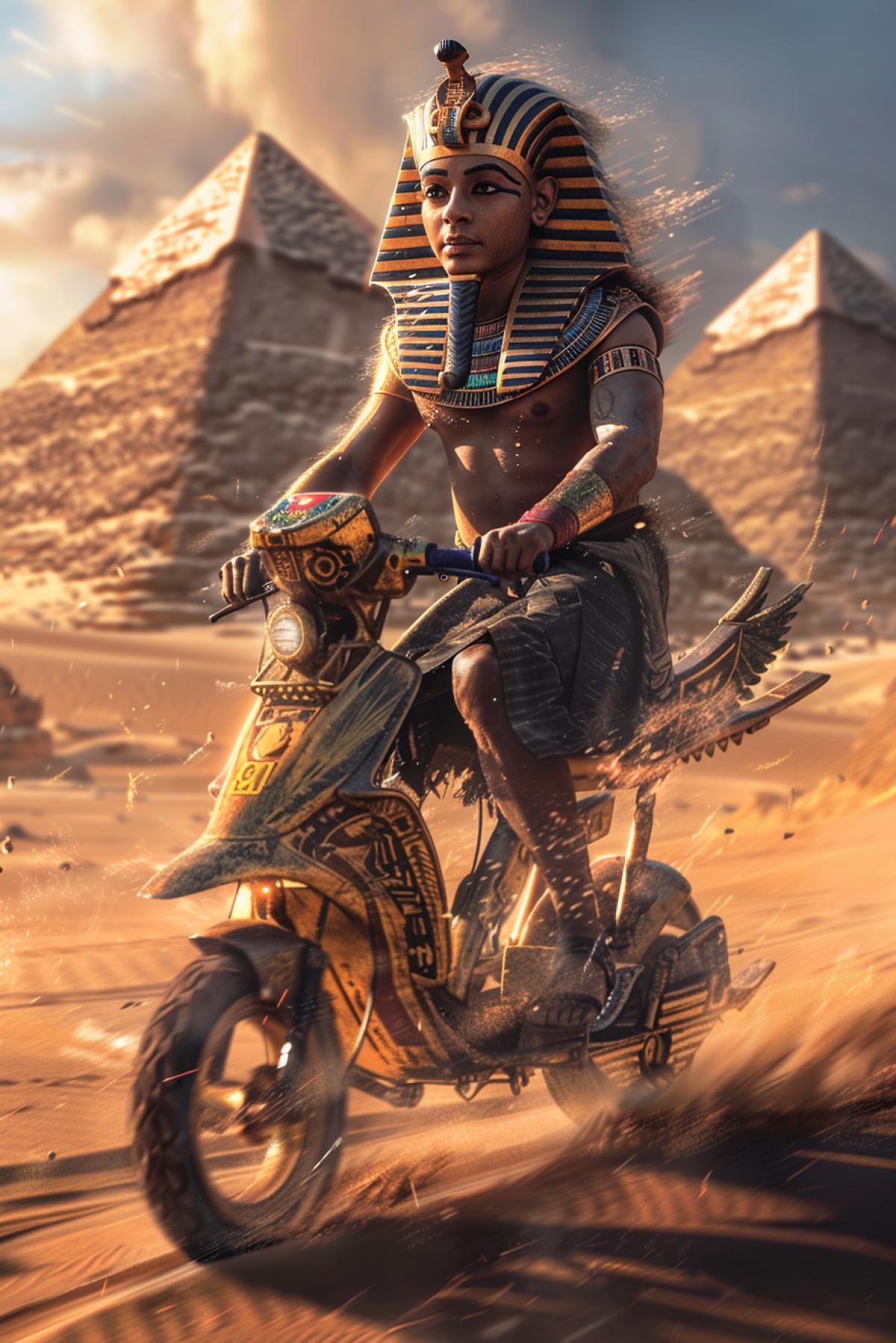 pharaoh Tutankhamun riding a sleek gold-decorated childrens scooter across the Egyptian desert, sand swirling, pyramids in the background, ancient meets modern vibe, cinematic lighting, ultra-detailed, epic and surreal