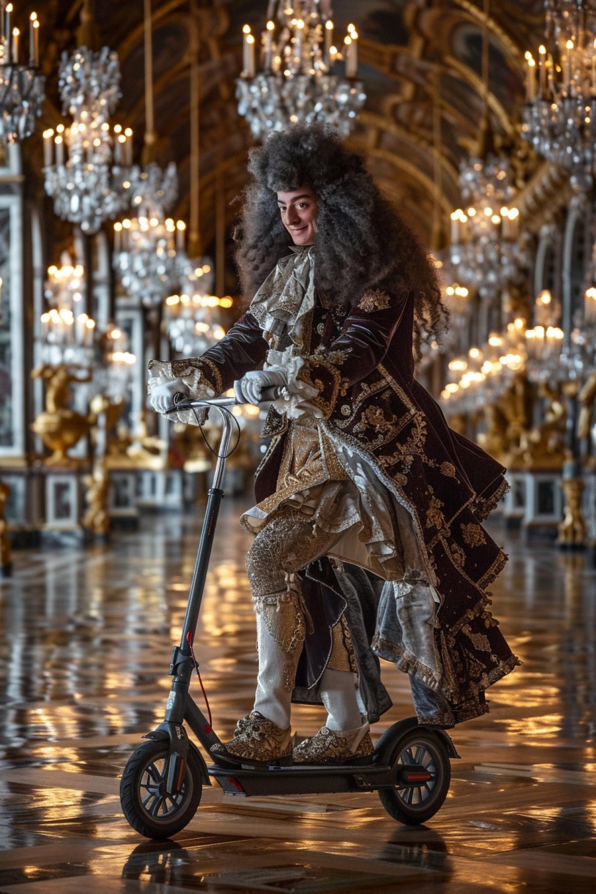 King Louis XIV in full royal attire, big powdered wig and ornate velvet coat, riding a modern electric childrens scooter through Versailles palace, chandeliers above, golden walls blurring in motion, absurdly elegant and dynamic