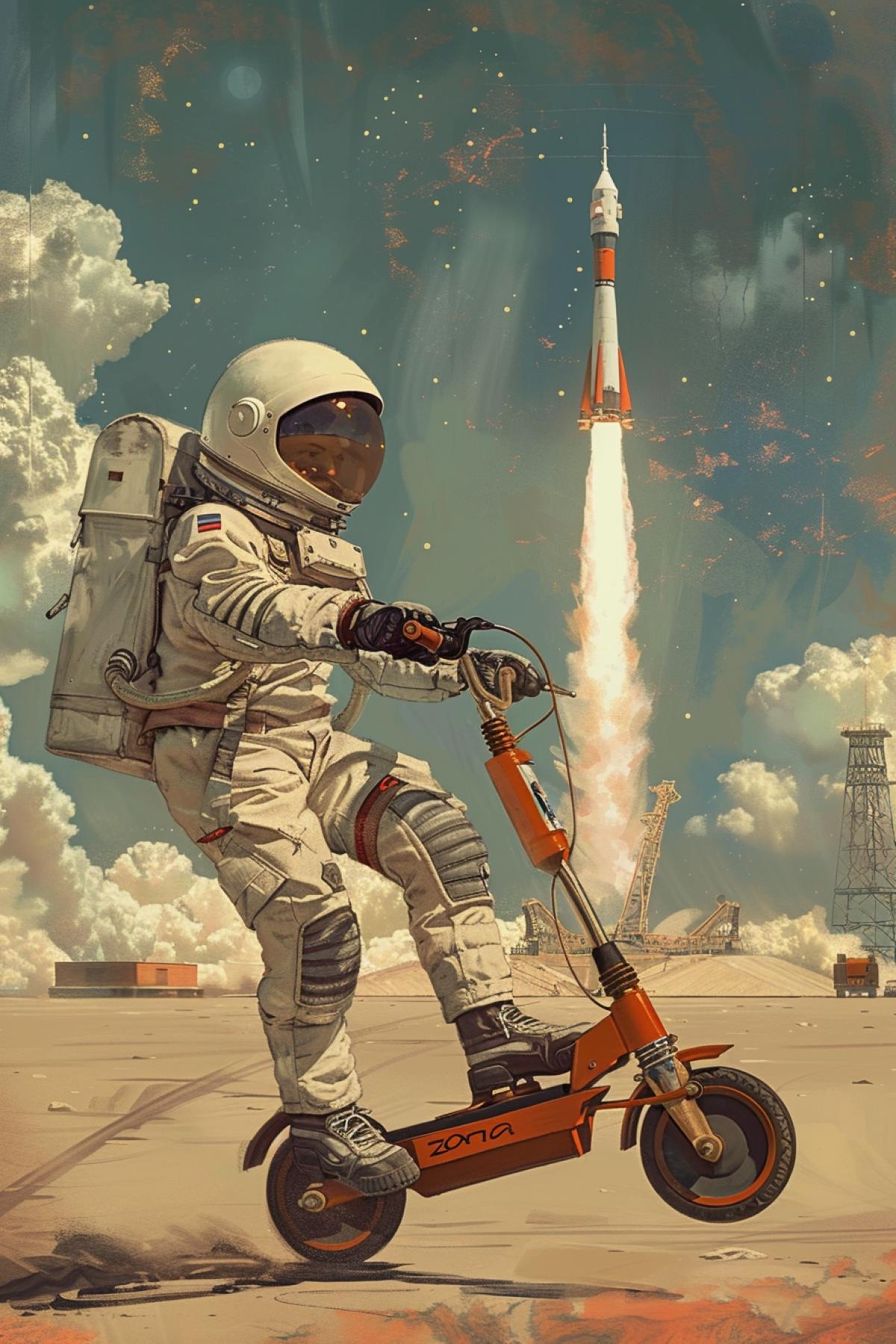 1960s Soviet cosmonaut in full space suit riding a futuristic childrens scooter on the Baikonur Cosmodrome, rocket launching in the background, retrofuturism meets realism, warm dusty color palette