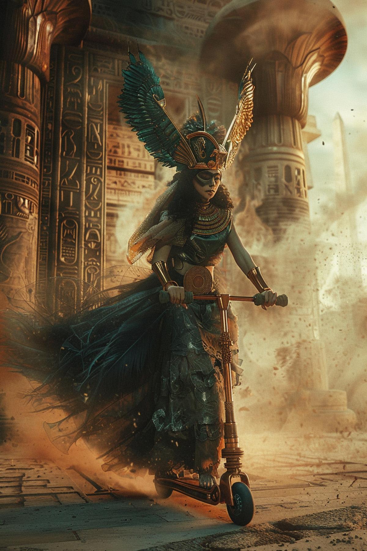 Sumerian high priestess in elaborate ceremonial robes and headdress riding a clay-and-bronze childrens scooter through a ziggurat courtyard, ancient Mesopotamian symbols glowing, mystical dust in the air, sunset light, historical fantasy vibe