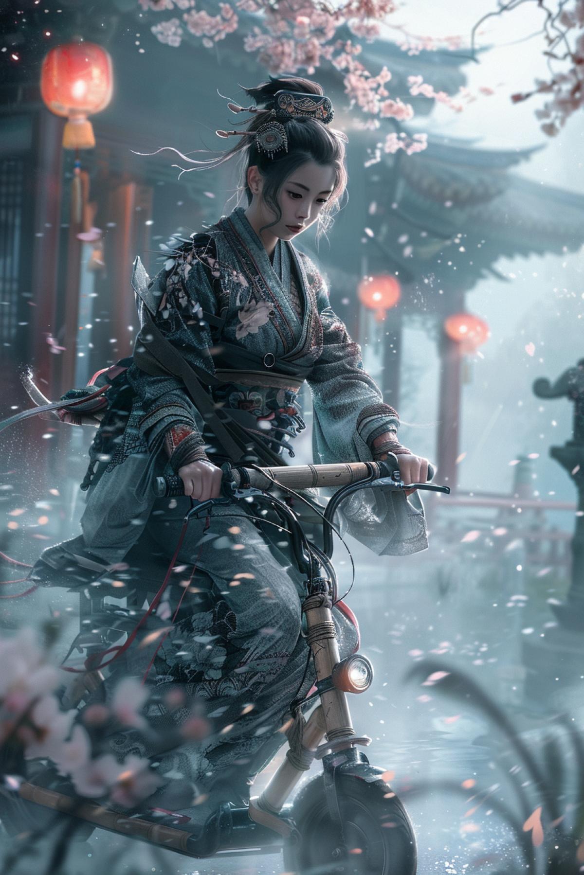 female samurai from the Edo period riding a bamboo-crafted childrens scooter through a misty Japanese garden, wearing detailed kimono and holding katana, cherry blossoms swirling around, poetic and graceful scene