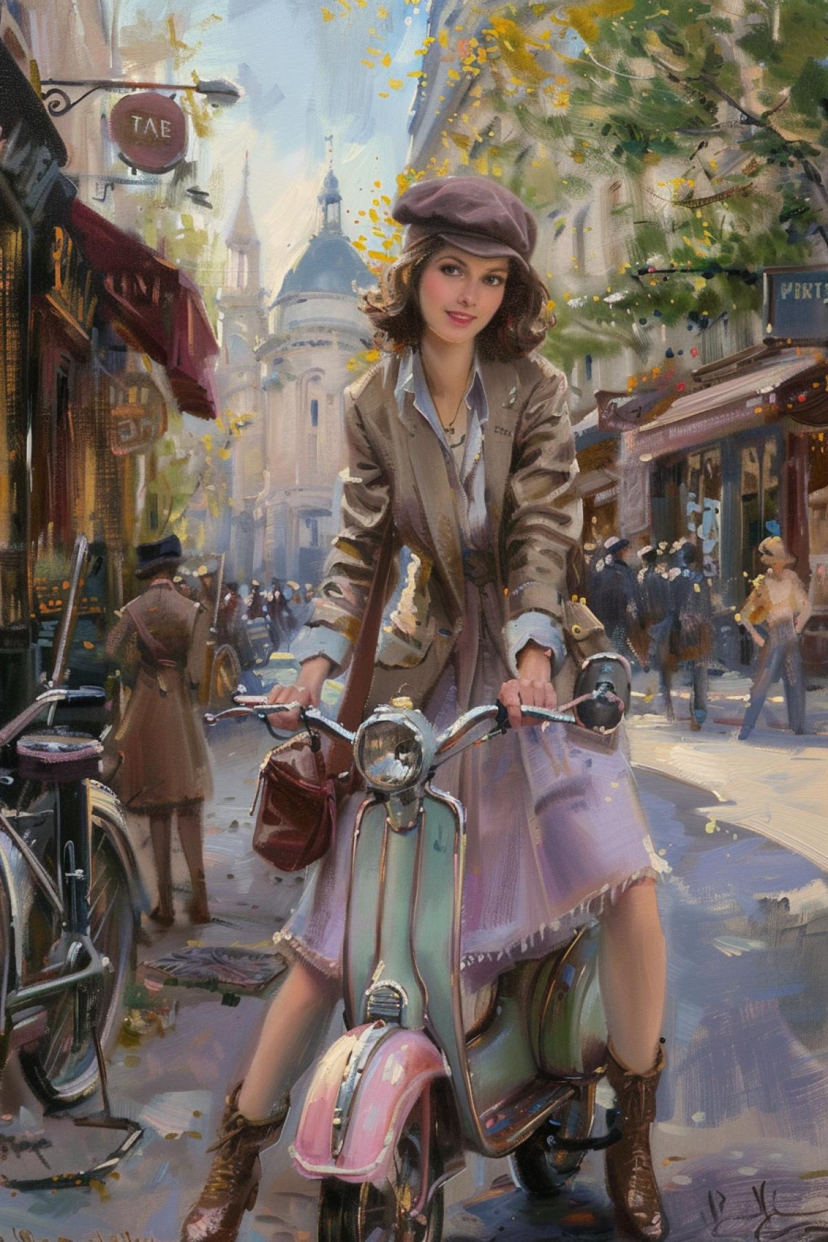 1920s French female artist in flapper dress and beret, riding a pastel-colored childrens scooter through a Montmartre street, holding the handlebars with both hands, art supplies like easel and brushes secured in a leather side bag, romantic and playful atmosphere, vintage Paris scenery, soft morning light